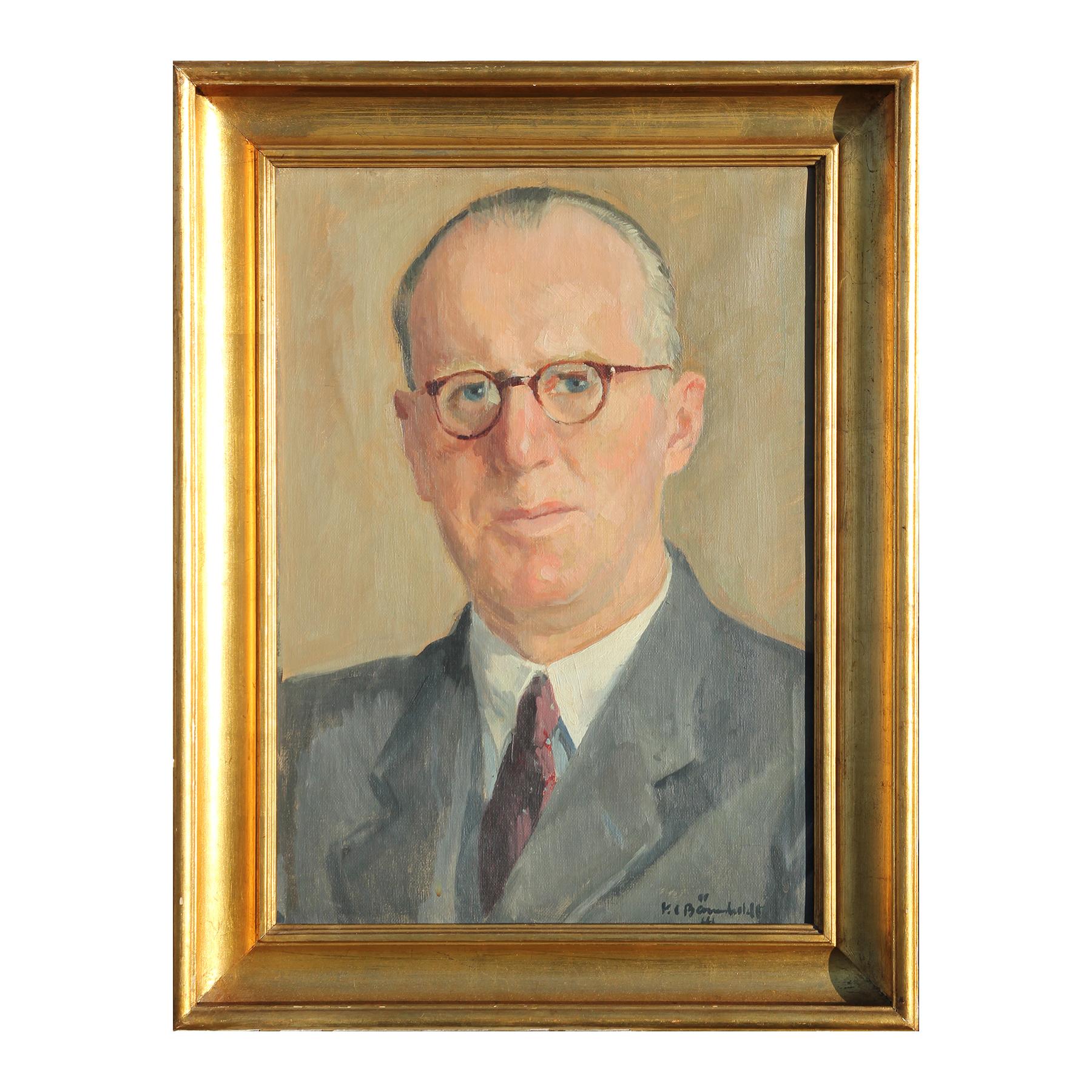 Portrait impressionniste réaliste en tons neutres d'un homme en costume - Painting de Hans Christian Barenholdt