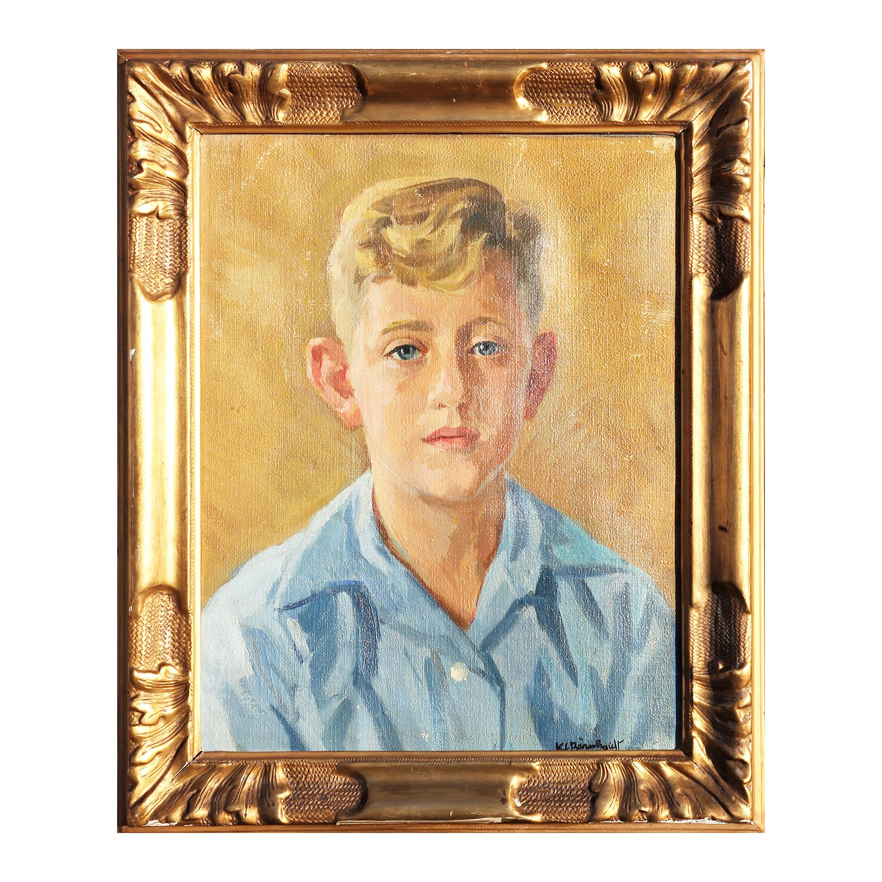 Portrait figuratif impressionniste réaliste d'un garçon aux tons jaunes et bleus - Painting de Hans Christian Barenholdt