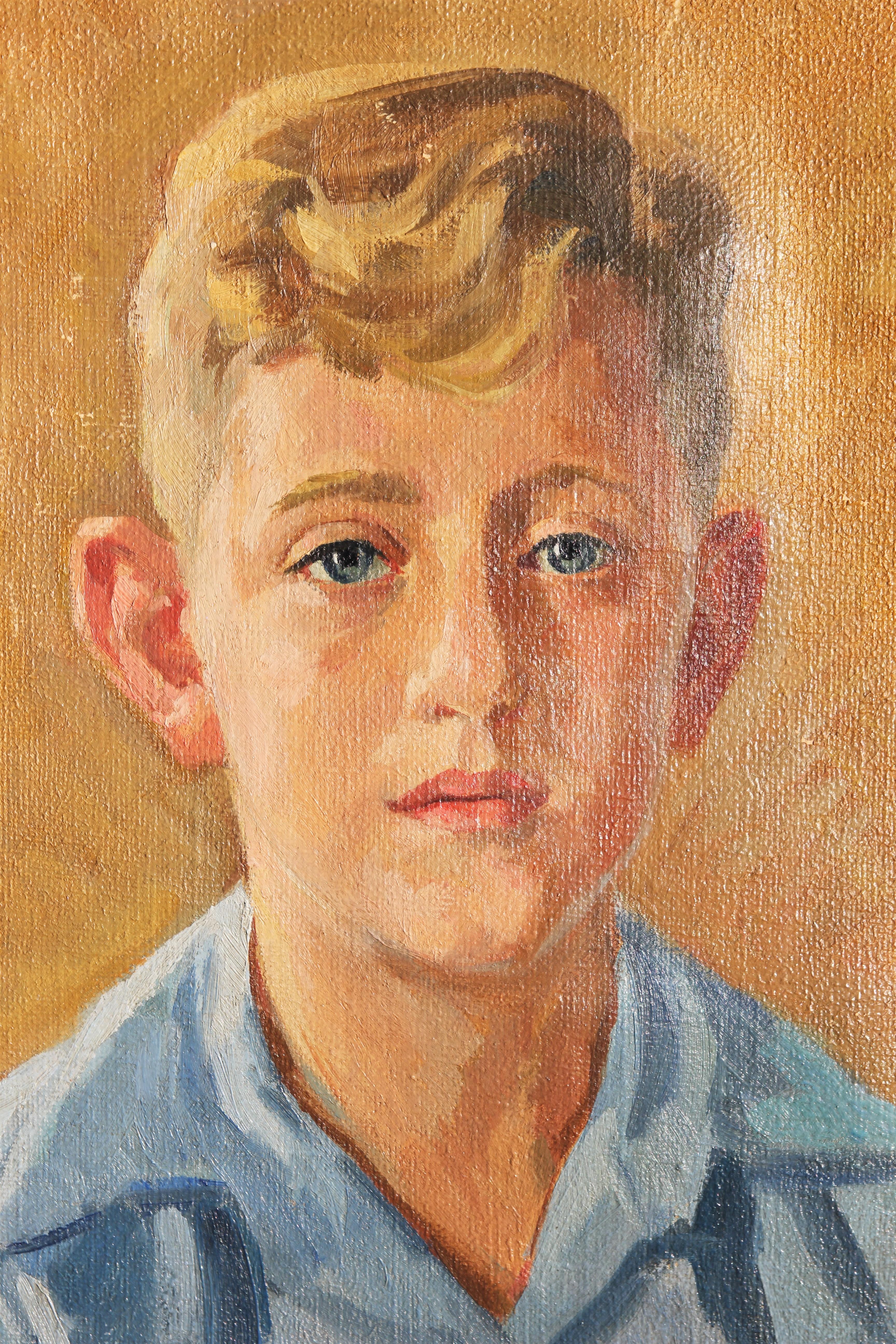 Portrait figuratif impressionniste réaliste d'un garçon aux tons jaunes et bleus - Naturalisme Painting par Hans Christian Barenholdt
