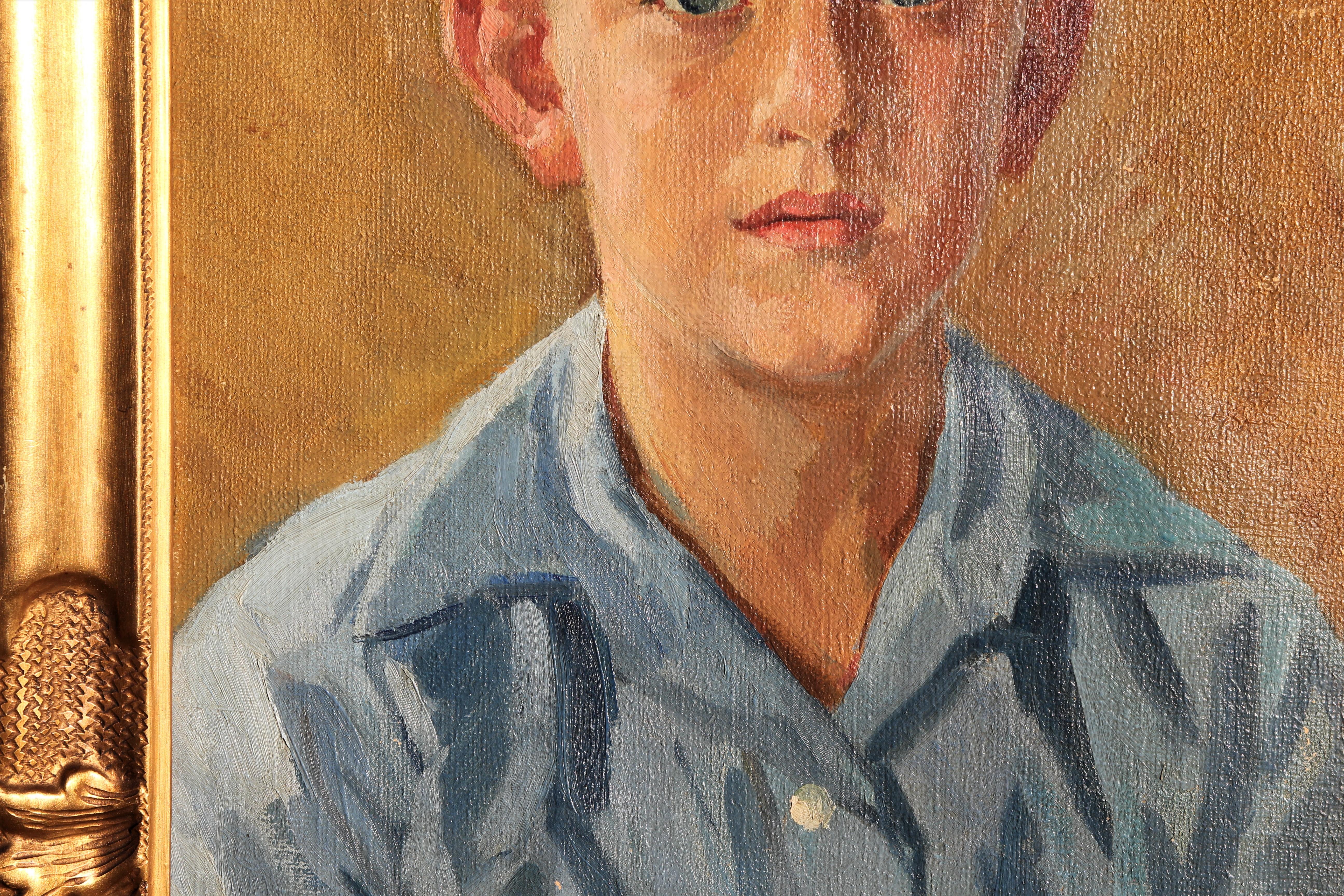 Portrait impressionniste abstrait d'un garçon aux tons jaunes et bleus, réalisé par l'artiste danois Hans Christian Bärenholdt. Signé par l'artiste en bas à droite. Accroché dans un cadre sculpté à l'or fin.

Dimensions sans cadre : H 17.63 in. x W