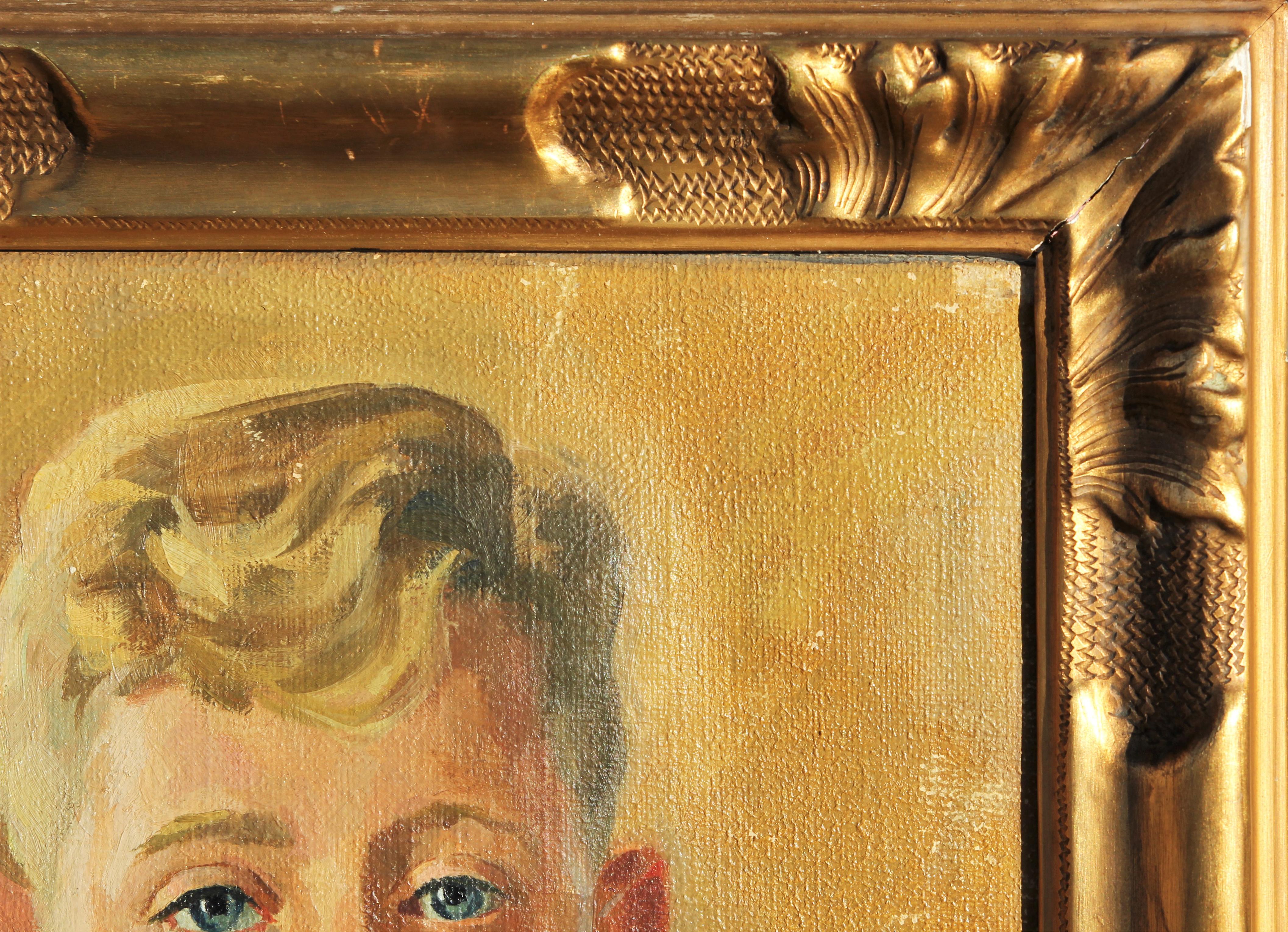 Portrait figuratif impressionniste réaliste d'un garçon aux tons jaunes et bleus en vente 3