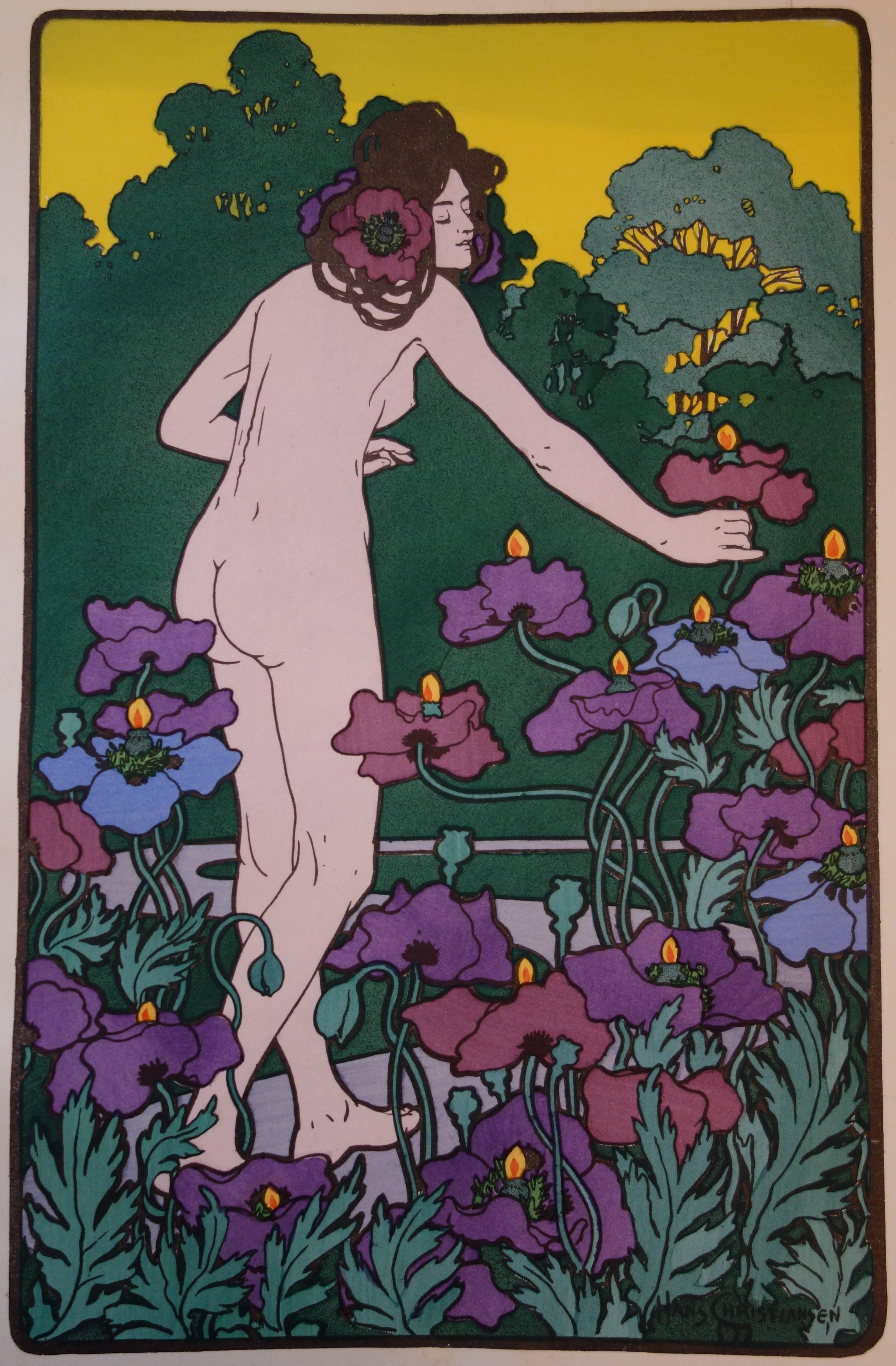 Woman in the Poppies - Original lithograph (1897/98) - Art Nouveau Print by Hans Christiansen (b.1866)