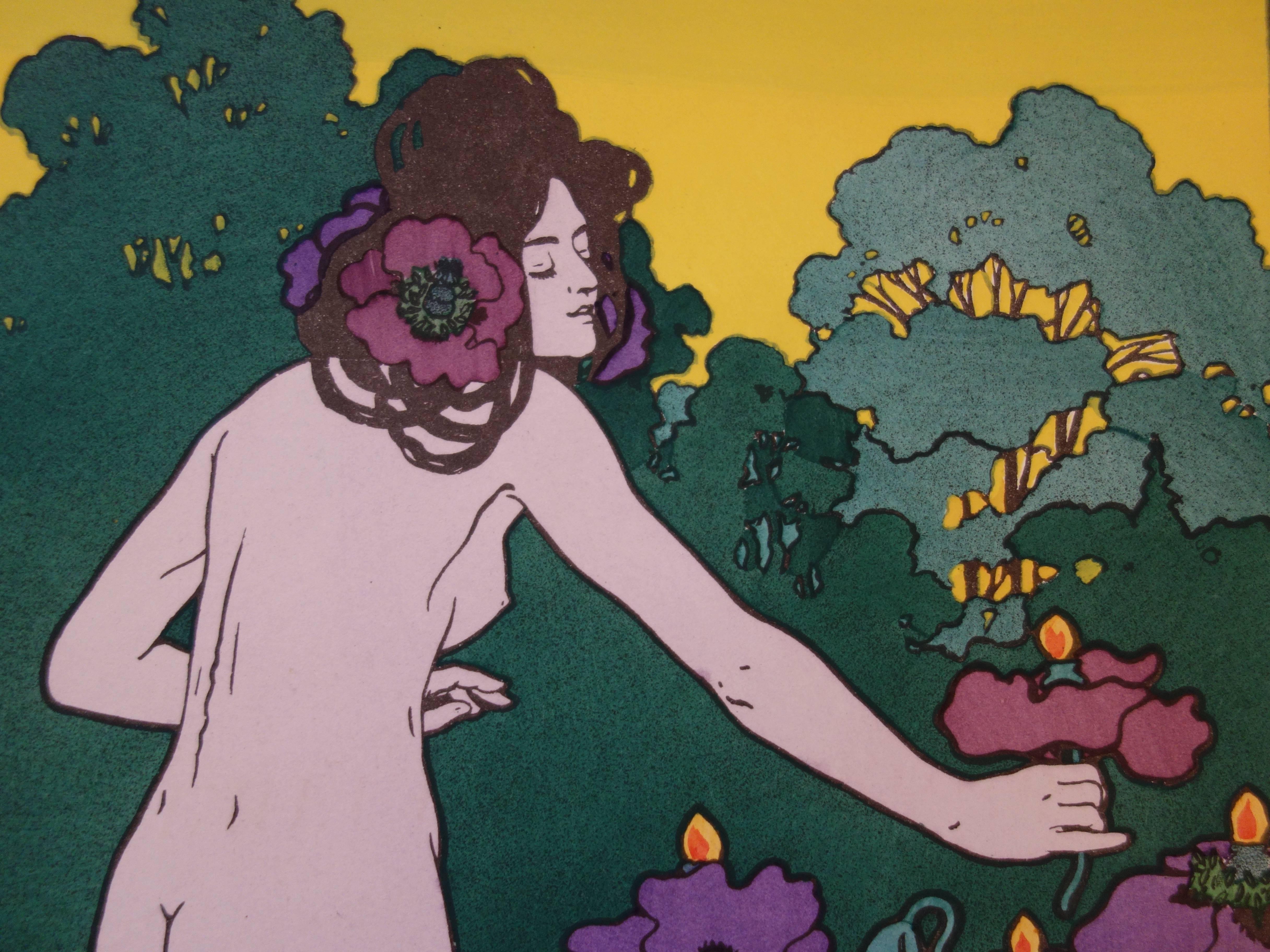 Woman in the Poppies - Original lithograph, 1898 - Brown Figurative Print by Hans Christiansen (b.1866)
