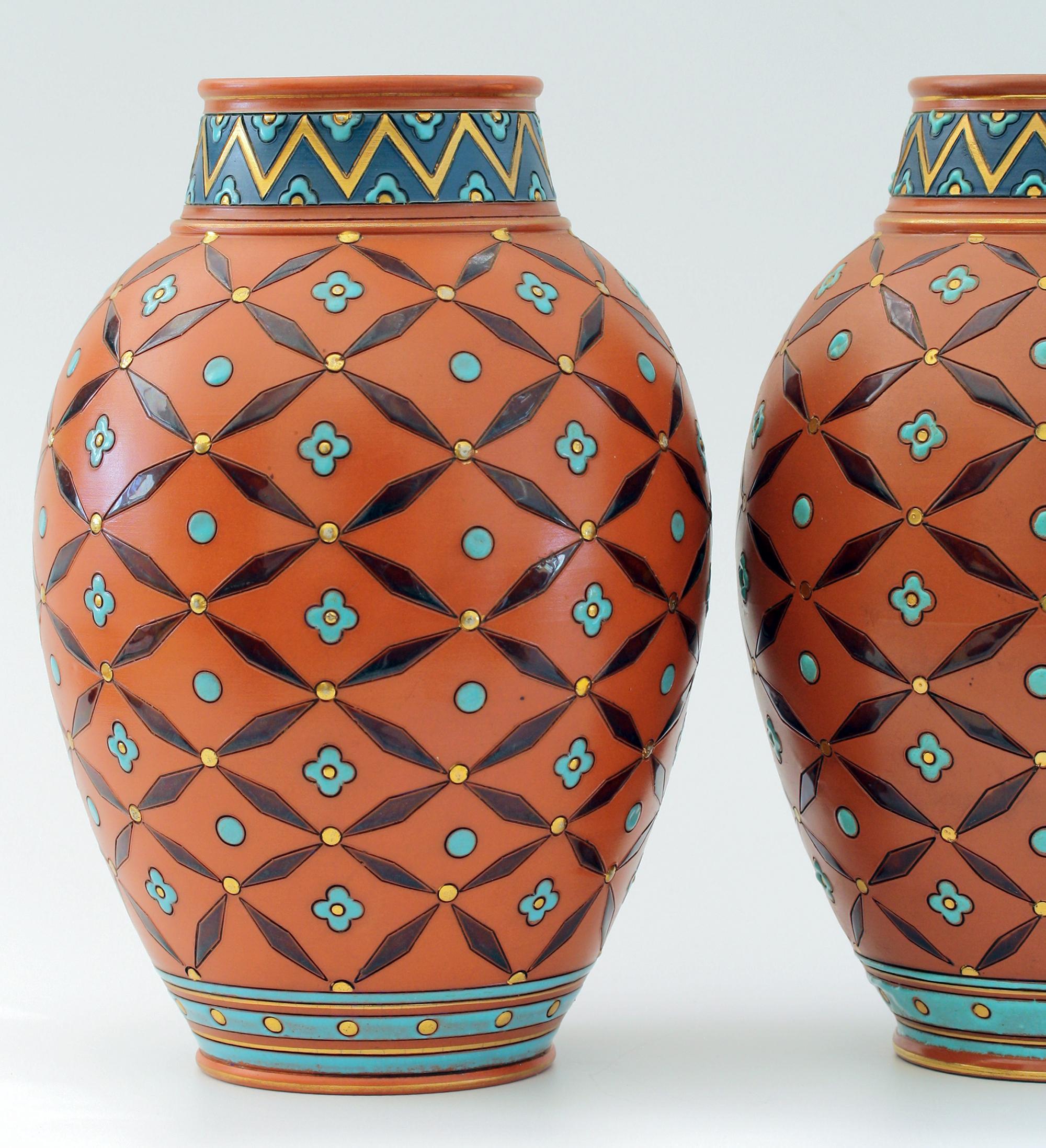 Hans Christiansen Pair of Villeroy & Boch Gothic Revival Vases, circa 1900 5