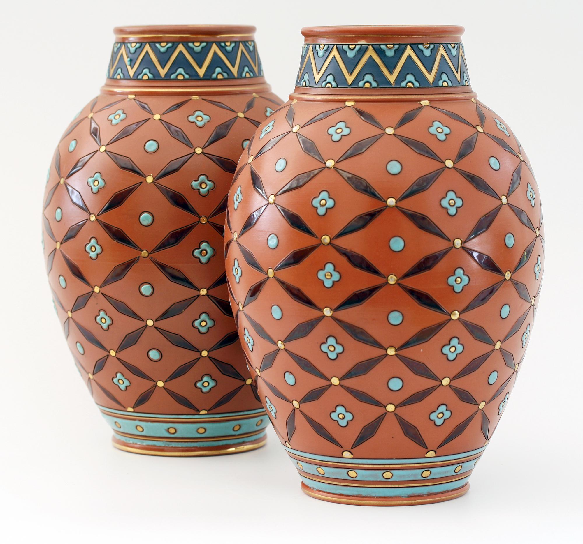 Belgian Hans Christiansen Pair of Villeroy & Boch Gothic Revival Vases, circa 1900