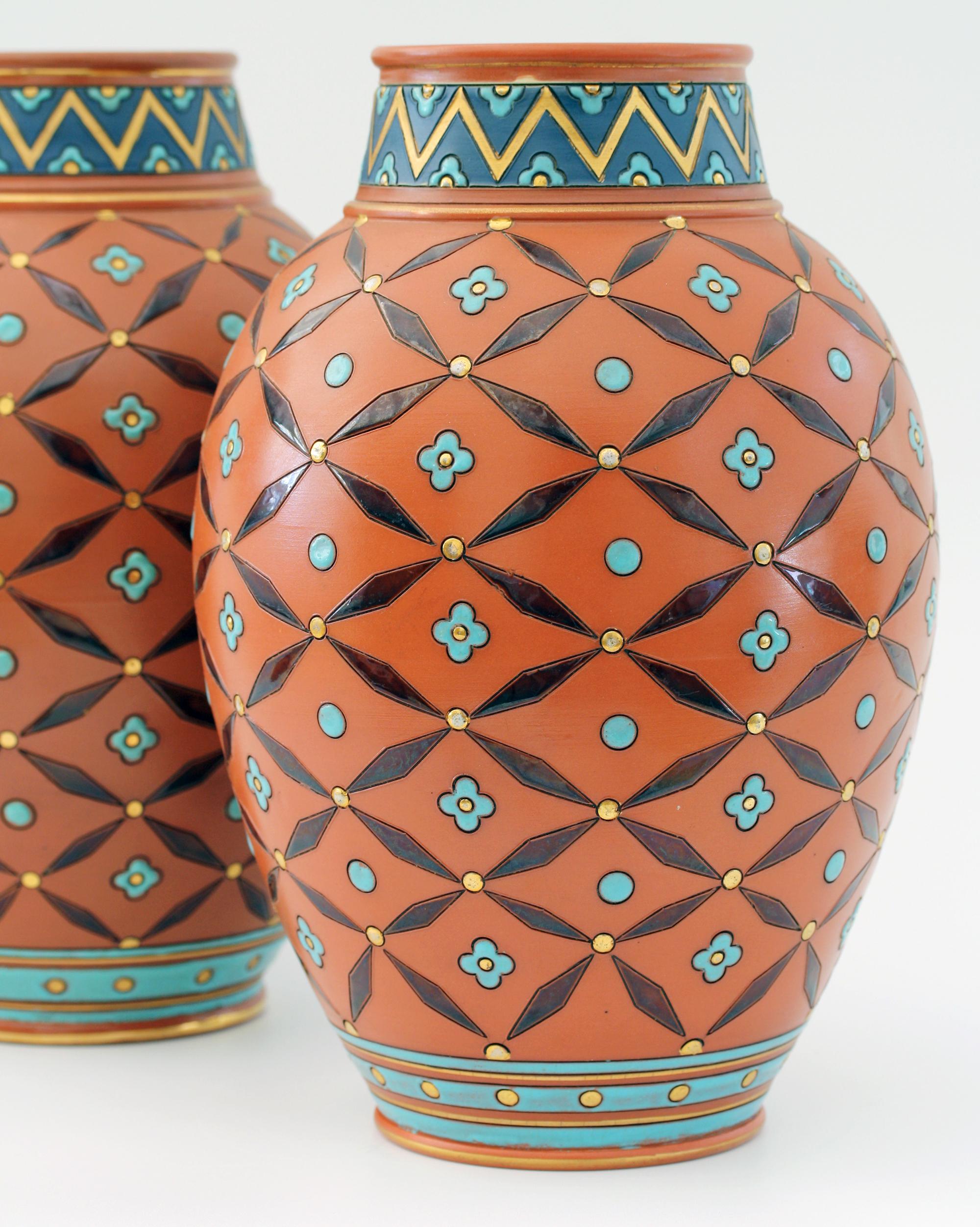 Hand-Crafted Hans Christiansen Pair of Villeroy & Boch Gothic Revival Vases, circa 1900