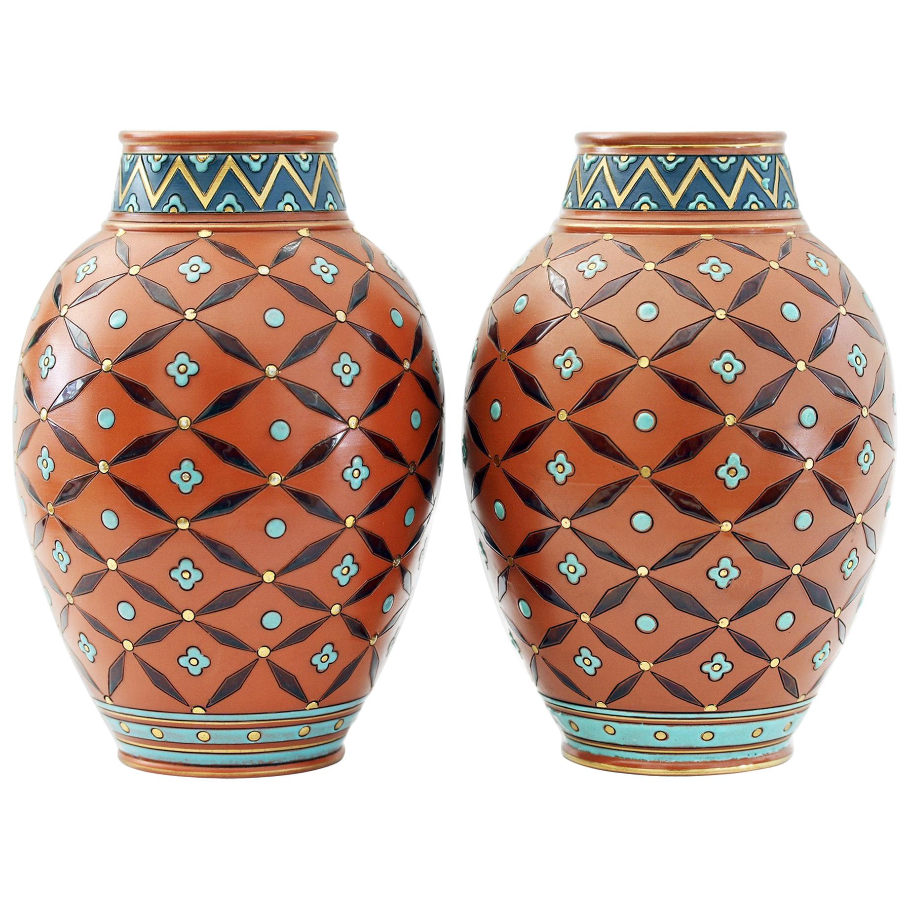 Hans Christiansen Pair of Villeroy & Boch Gothic Revival Vases, circa 1900