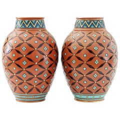 Antique Hans Christiansen Pair of Villeroy & Boch Gothic Revival Vases, circa 1900