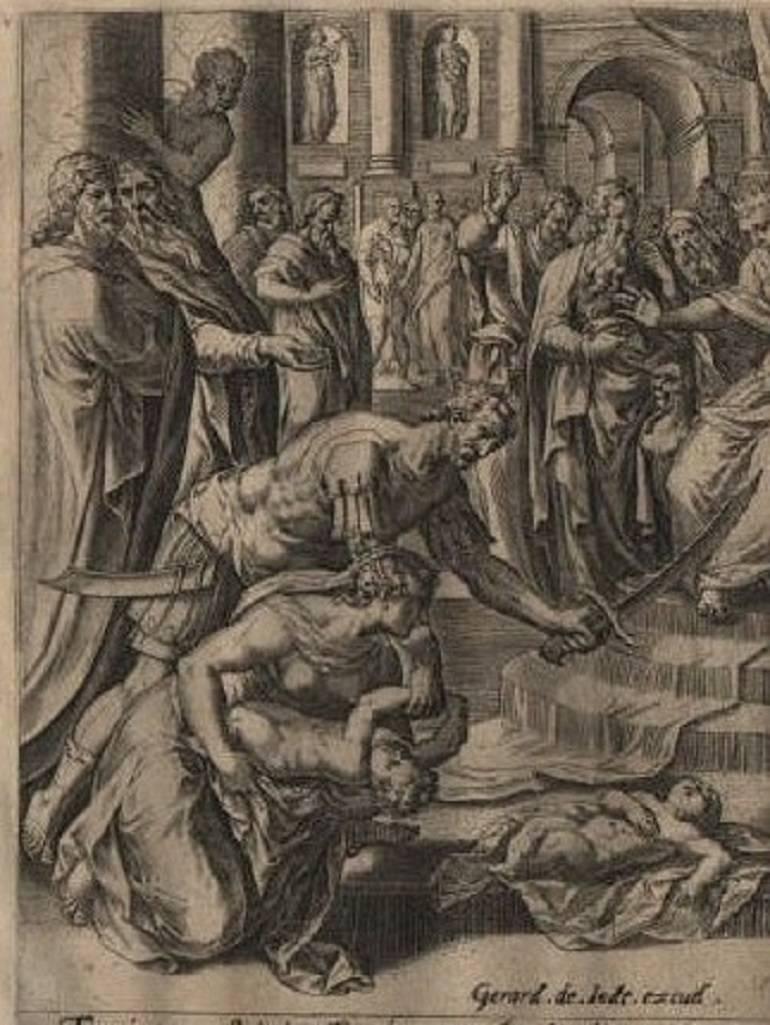 Solomon's Wise Judgment - 1585 Old Master Engraving Religious - Print by Hans Collaert the Elder