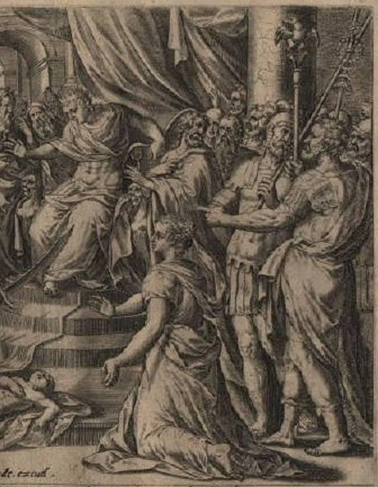Solomon's Wise Judgment - 1585 Old Master Engraving Religious - Northern Renaissance Print by Hans Collaert the Elder