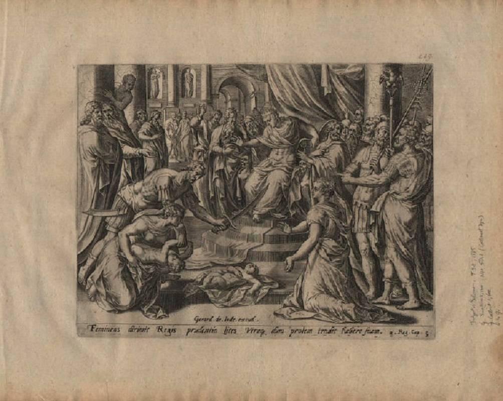 Solomon's Wise Judgment - 1585 Old Master Engraving Religious - Gray Figurative Print by Hans Collaert the Elder