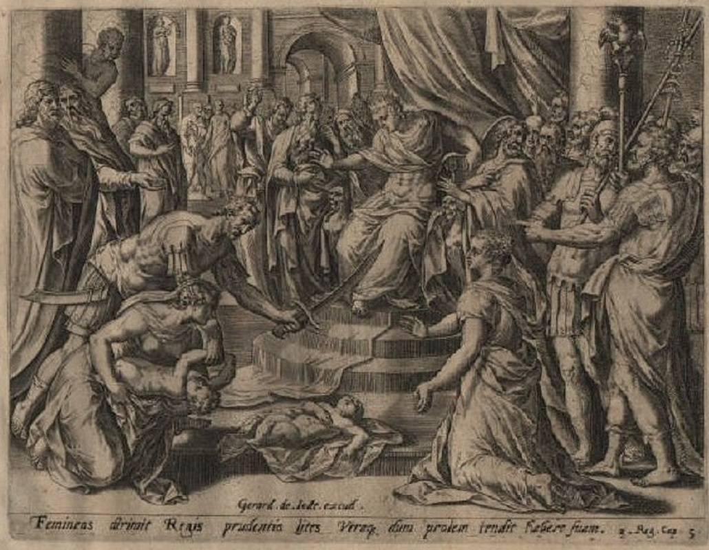 Hans Collaert the Elder Figurative Print - Solomon's Wise Judgment - 1585 Old Master Engraving Religious