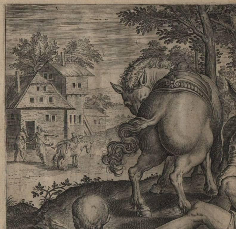 The Good Samaritan - 1585 Old Master Engraving Religious - Print by Hans Collaert the Elder
