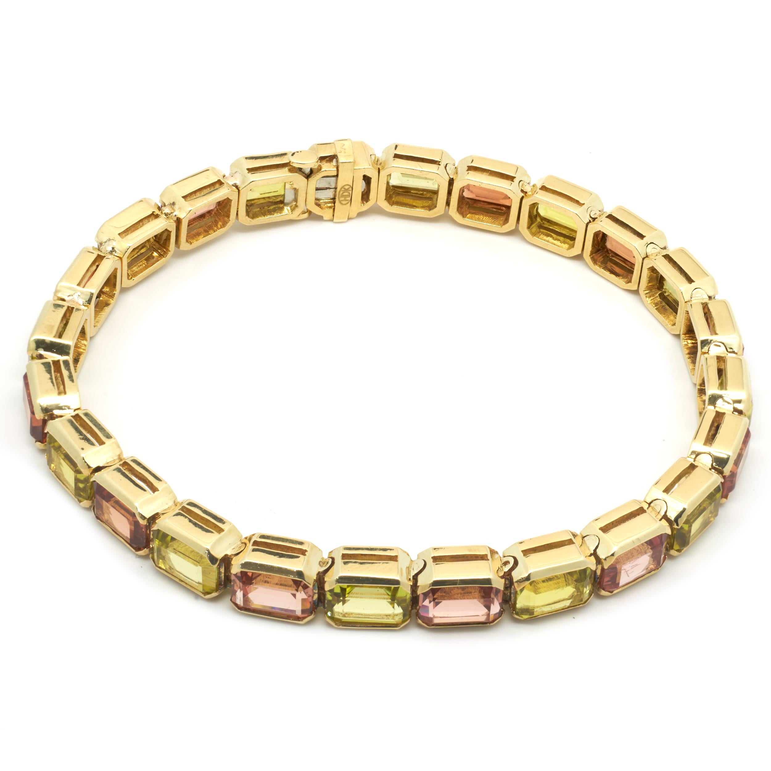 Designer: Hans D. Krieger
Material: 18K yellow gold
Sapphire: 24 emerald cut = 29.22cttw
Color: Natural Peach / Green Apple
Clarity: AAA+
Weight: 30.98 grams
Dimensions: bracelet measures 7.25-inches in length
