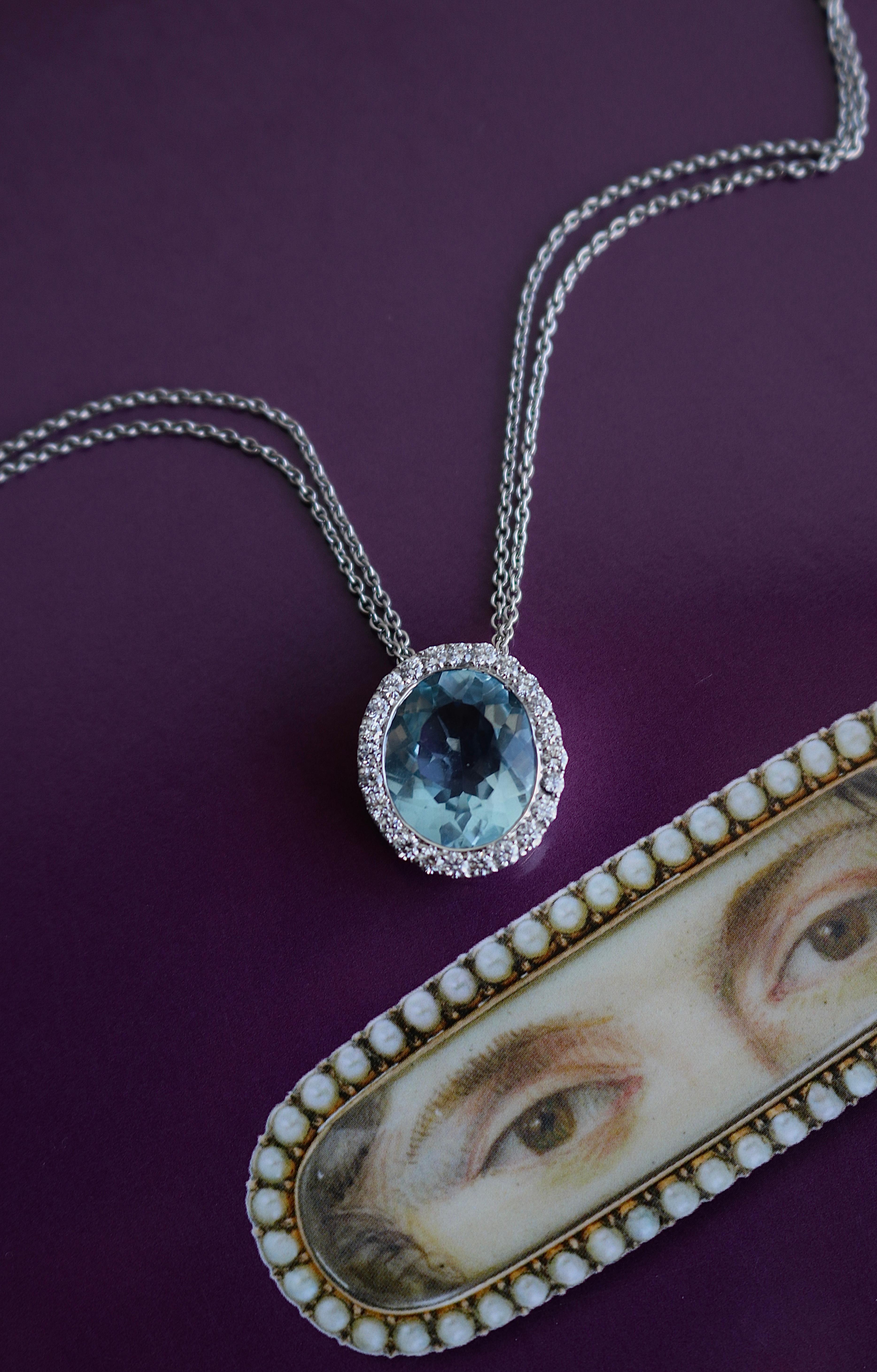 Women's or Men's Hans D. Krieger Aquamarine Diamond 18k White Gold Pendant Necklace
