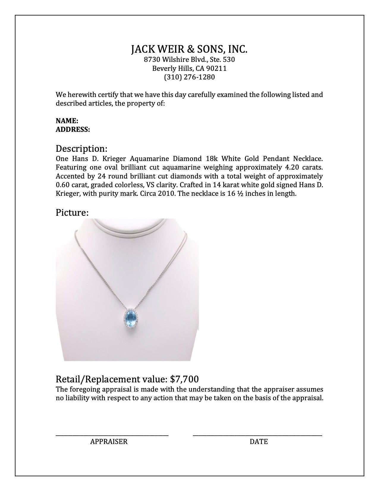 Hans D. Krieger Aquamarine Diamond 18k White Gold Pendant Necklace 1
