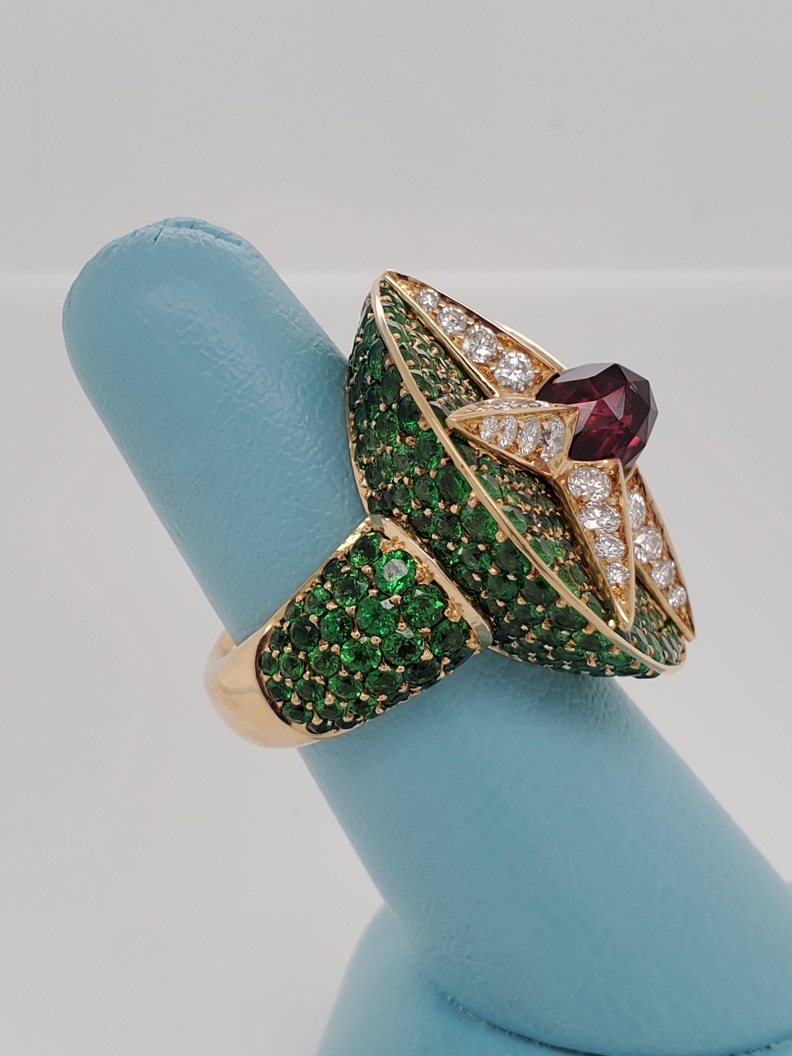 Hans D Krieger Yellow Gold Tourmaline Diamond & Garnet Star Motif Cocktail Ring In Excellent Condition In Columbia, MO