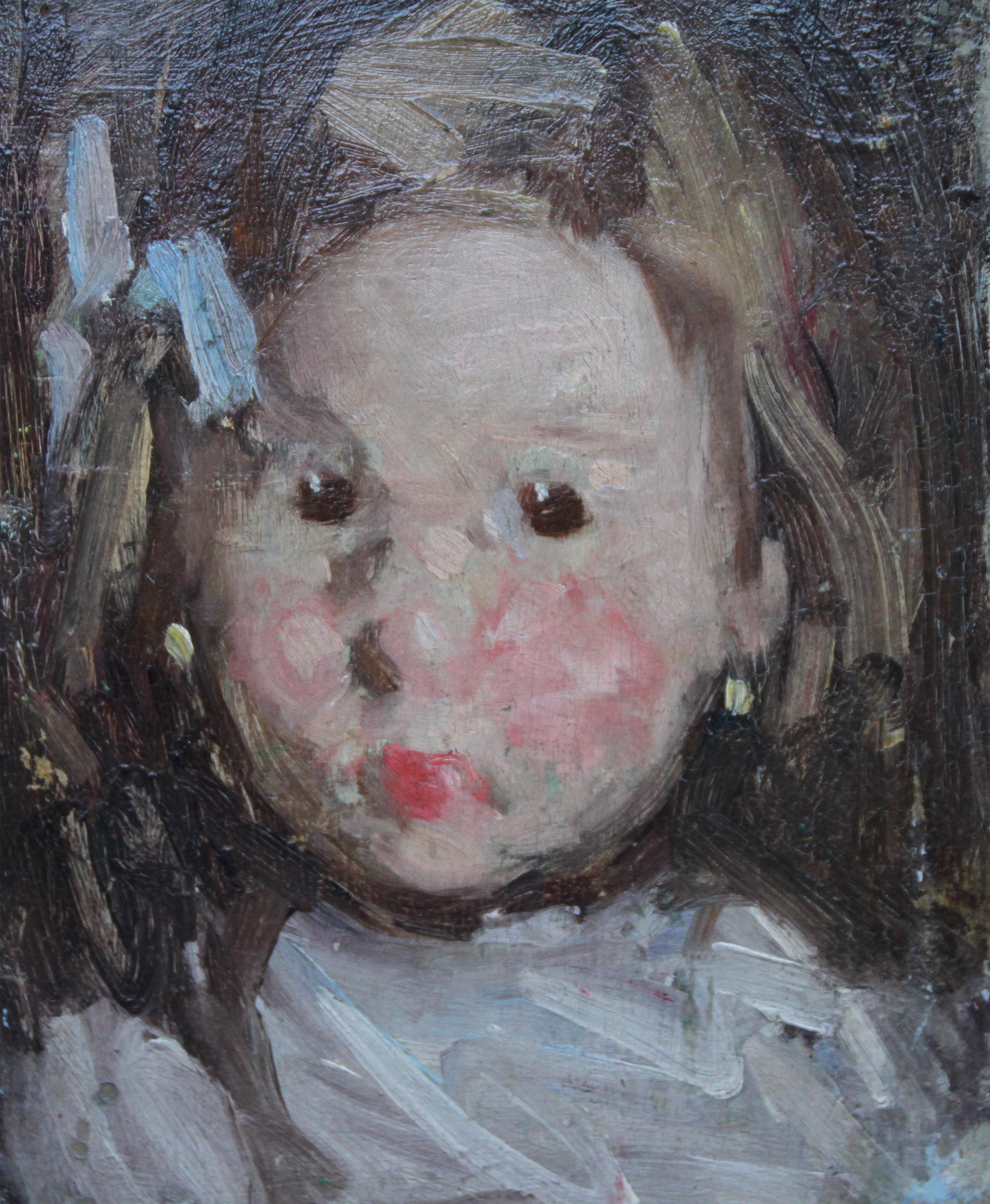 Portrait of a Child with Blue Bow - Norwegian 19thC Impressionist oil painting - Painting by Hans Dahl