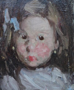 Portrait of a Child with Blue Bow - Norwegian 19thC Impressionist oil painting