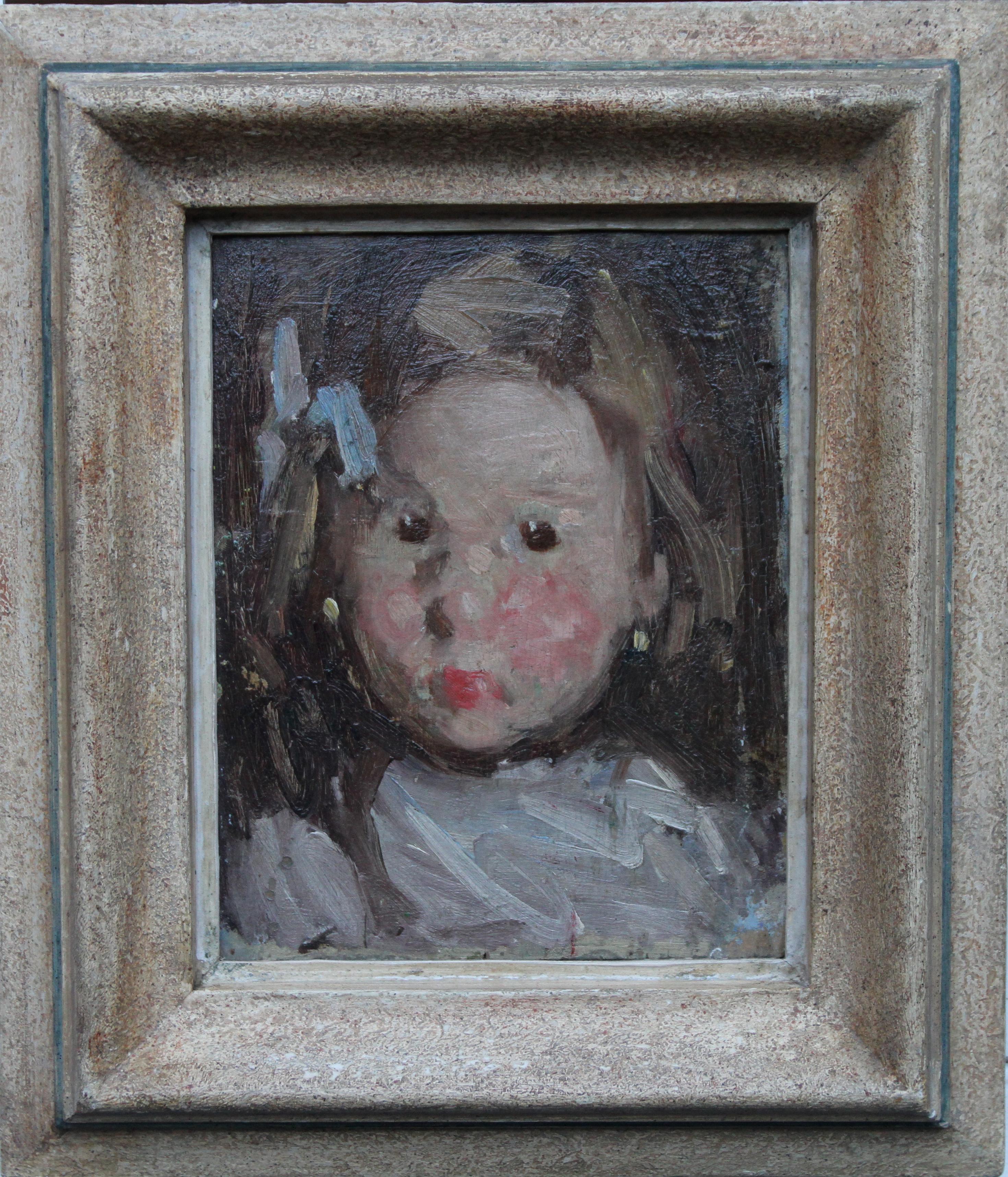 Portrait of a Child with Blue Bow - Norwegian 19thC Impressionist oil painting - Gray Portrait Painting by Hans Dahl