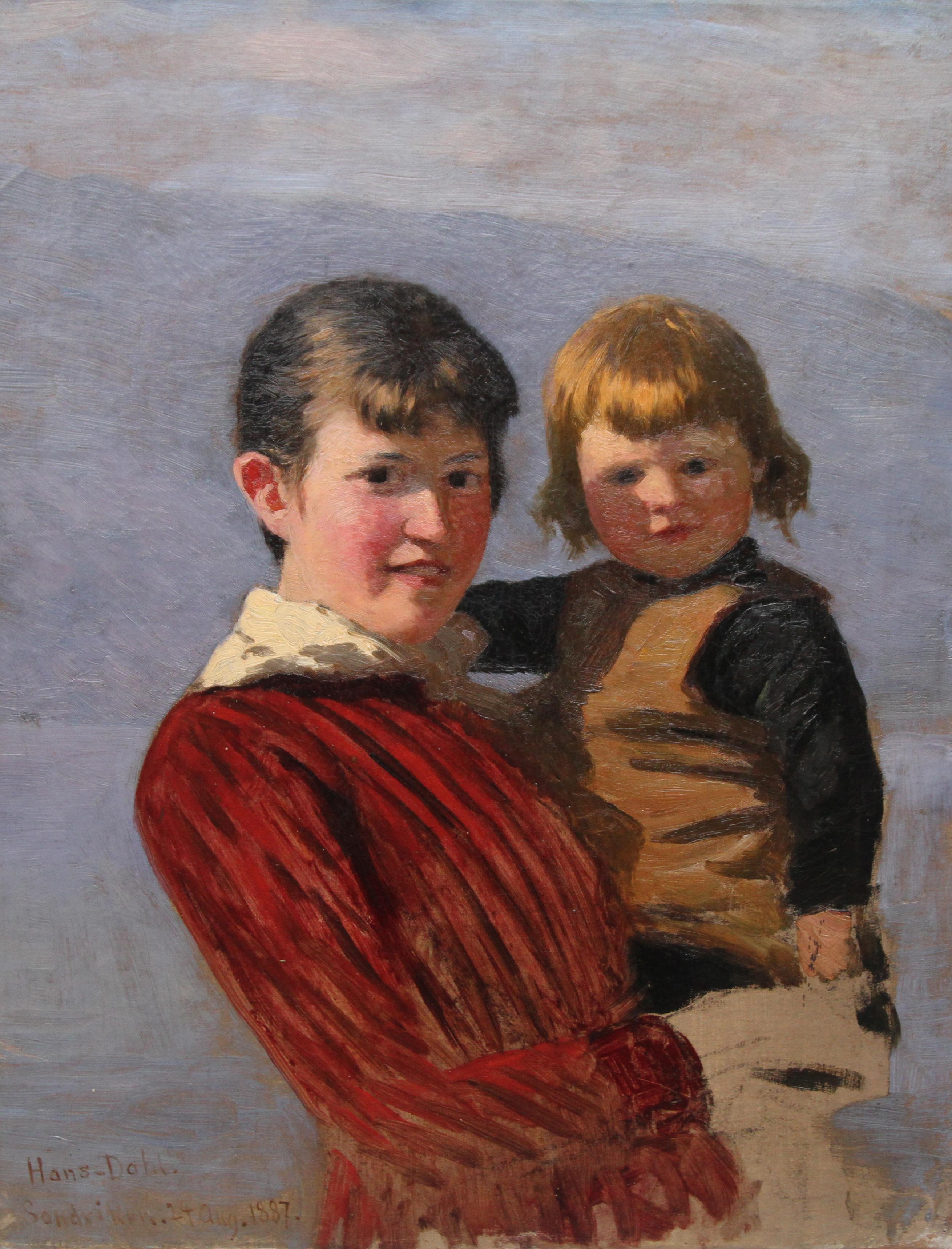 Portrait of Sisters - Norwegian art 19th century Impressionist oil painting - Gray Portrait Painting by Hans Dahl