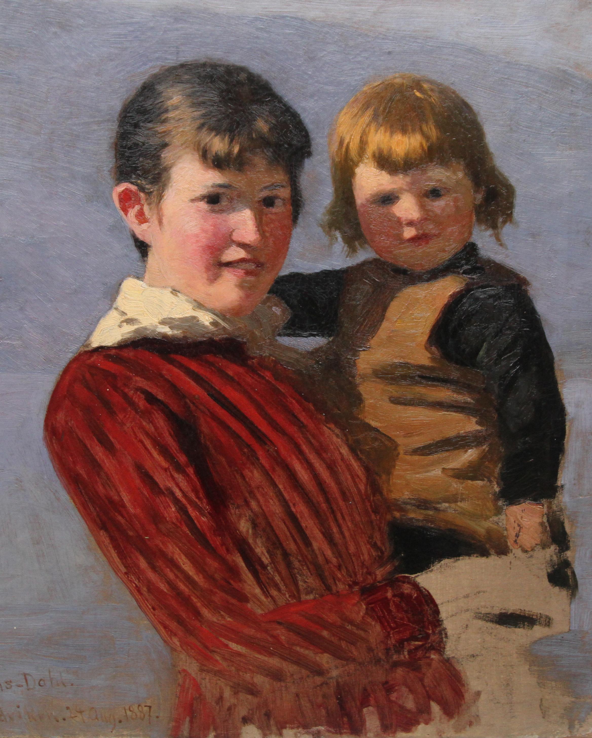 This beautiful oil on canvas portrait is by Norwegian artist Hans Dahl of Hardanger in Norway.  The work depicts an  older sister in a stripped red dress with a child in her arms. The brush work is Norwegian Impressionist and free flowing. The