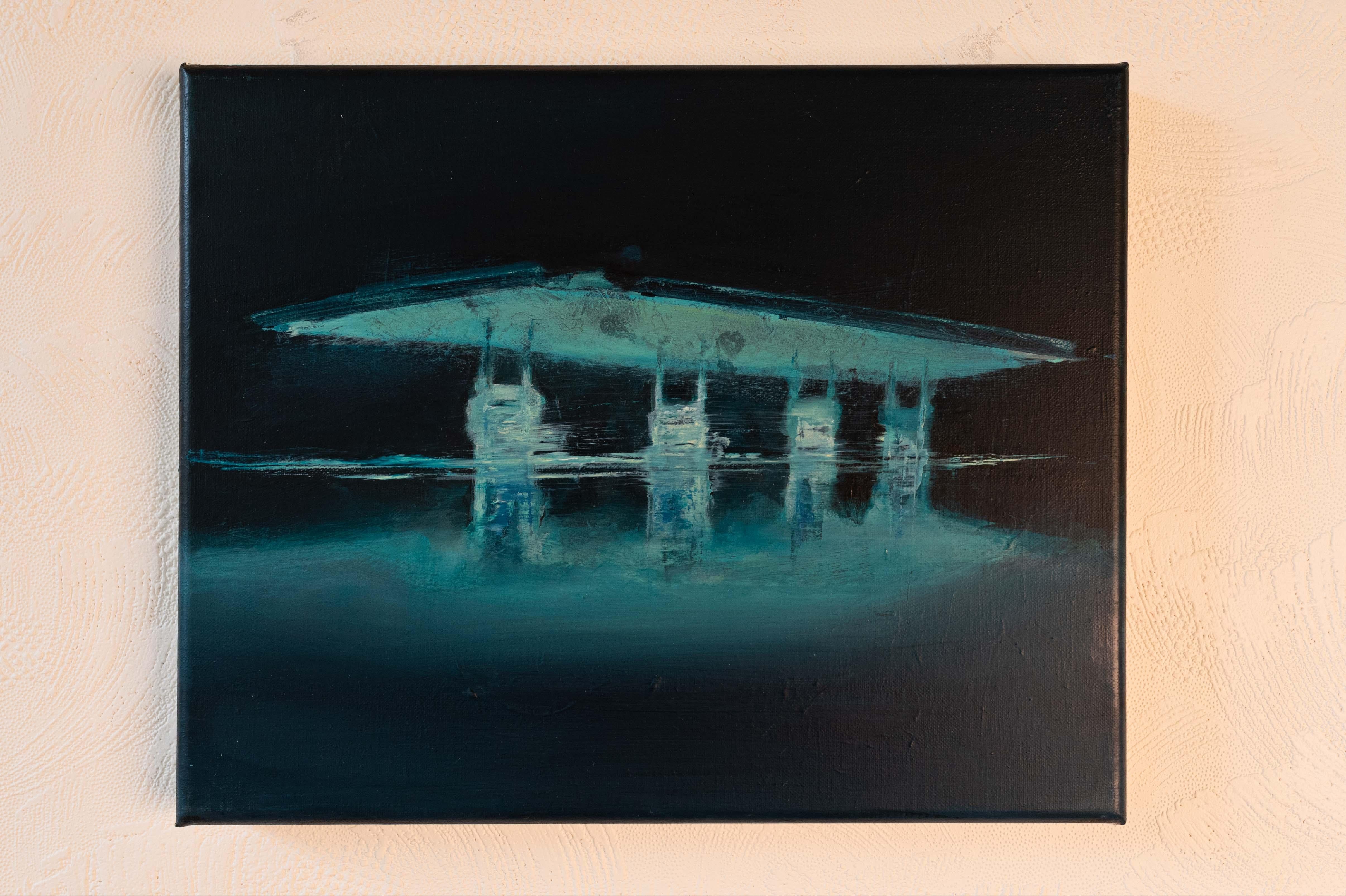 Pintura al óleo sobre lienzo de una gasolinera de noche - Painting de Hans Defer