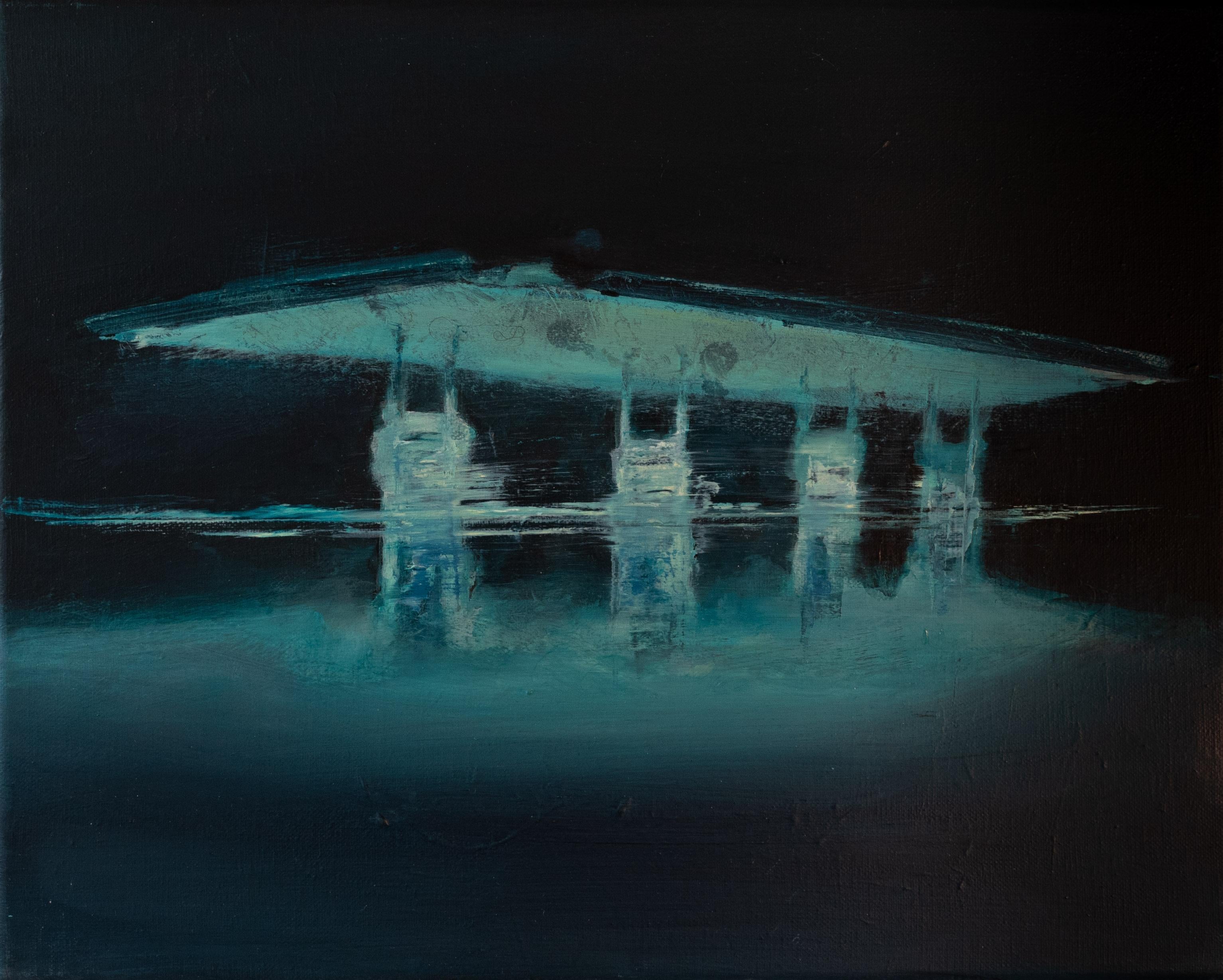 Pintura al óleo sobre lienzo de una gasolinera de noche - Painting Moderno de Hans Defer