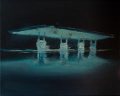 Oil on canvas painting of a gas station by night