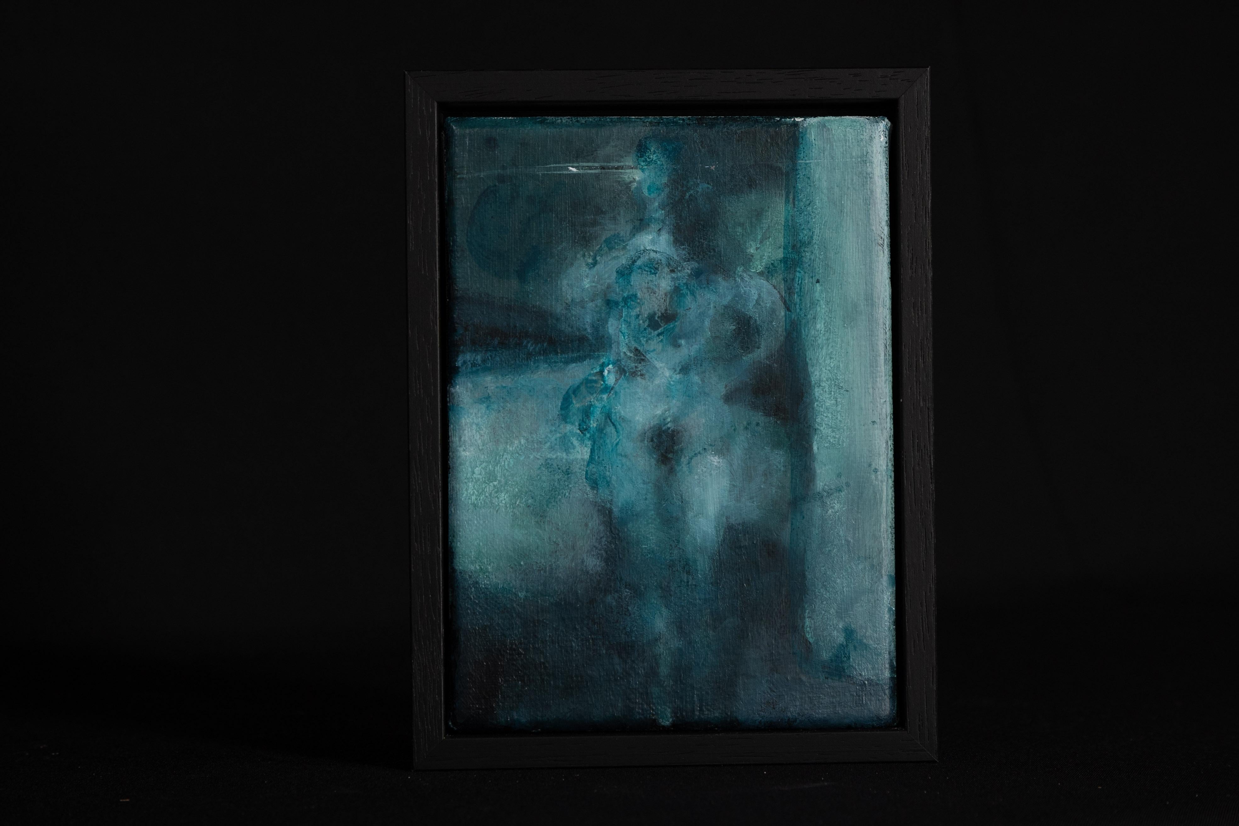Öl auf Leinwand Gemälde einer nackten Frau in rauchblauer Umgebung von Hans Defer, Öl im Angebot 2