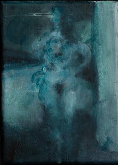 Dipinto olio su tela di Hans Defer raffigurante una donna nuda in un ambiente blu fumoso