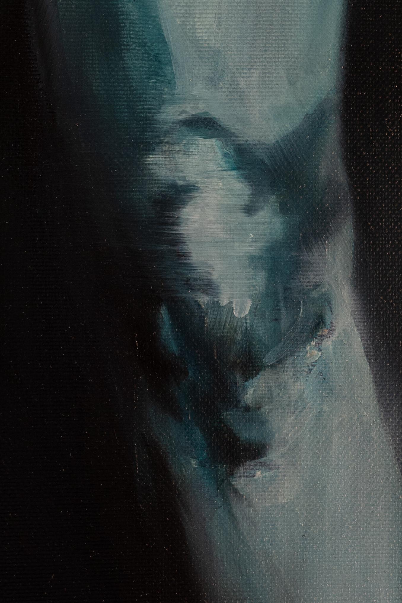 Figurative Painting di Hans Defer - Senza titolo - dipinto a olio su tela raffigurante un ginocchio su sfondo nero