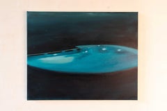 Untitled - oil on canvas painting of a swimming pool by night
