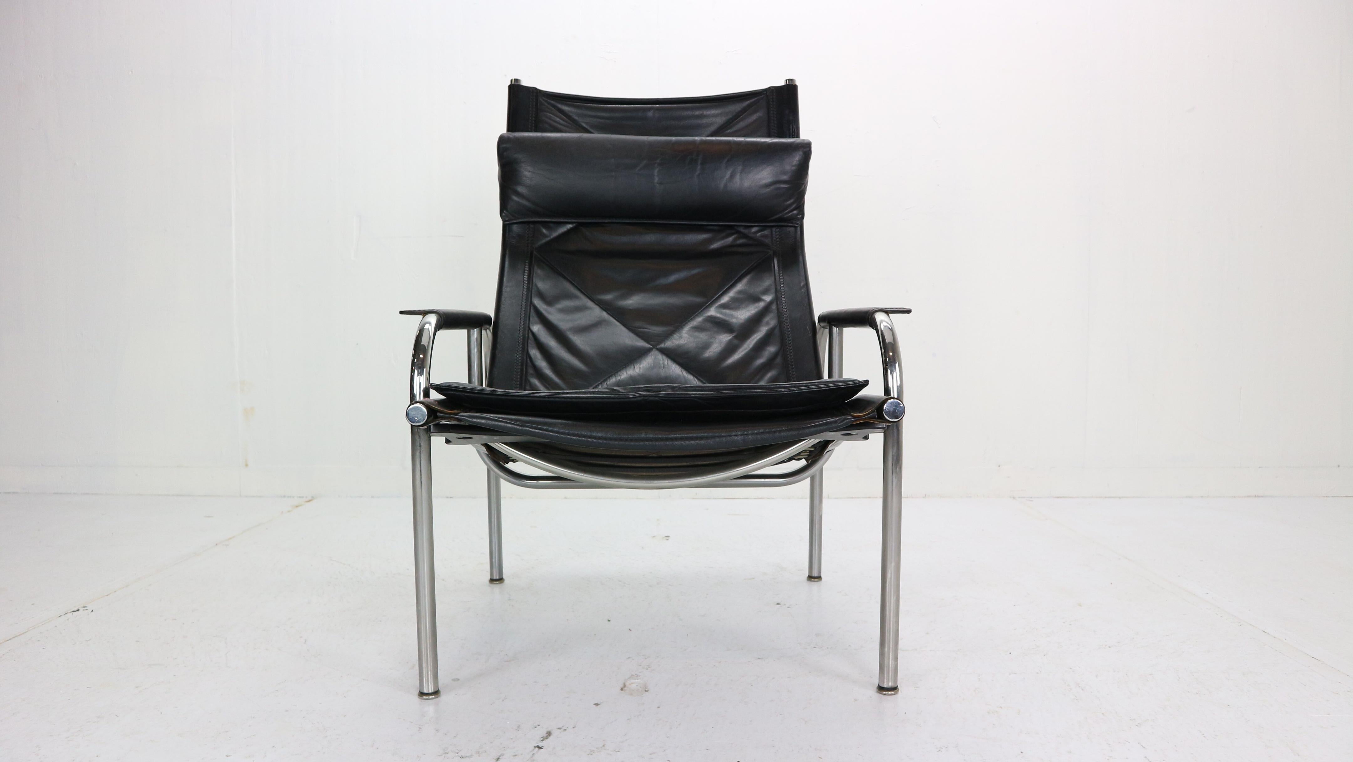 Mid-Century Modern Hans Eichenberger Chrome and Leather Easy Chair for Strassle, 1978 Switzerland