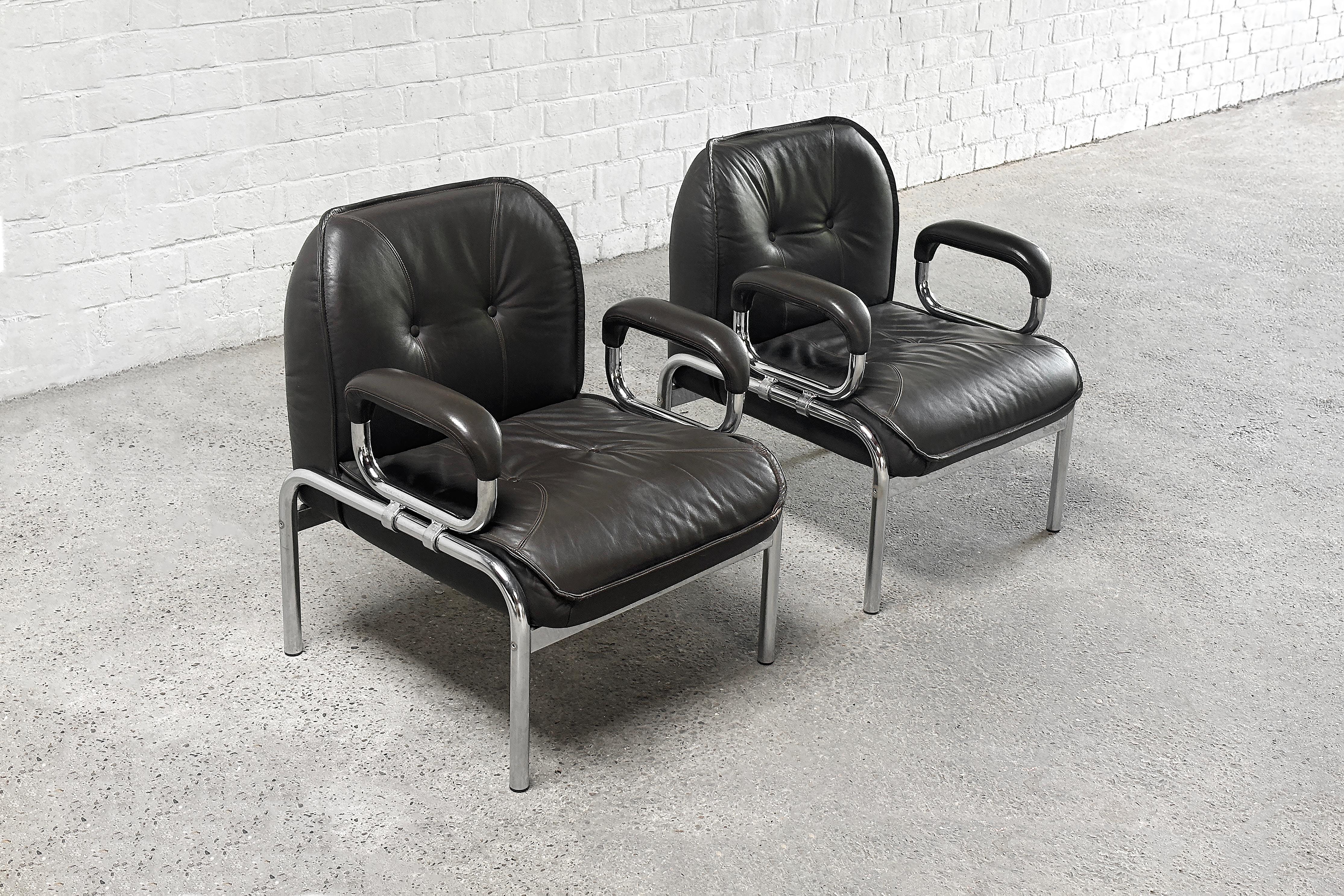 Mid-Century Modern Hans Eichenberger 'Eurochair' Leather Lounge Chairs for Girsberger, 1970s For Sale