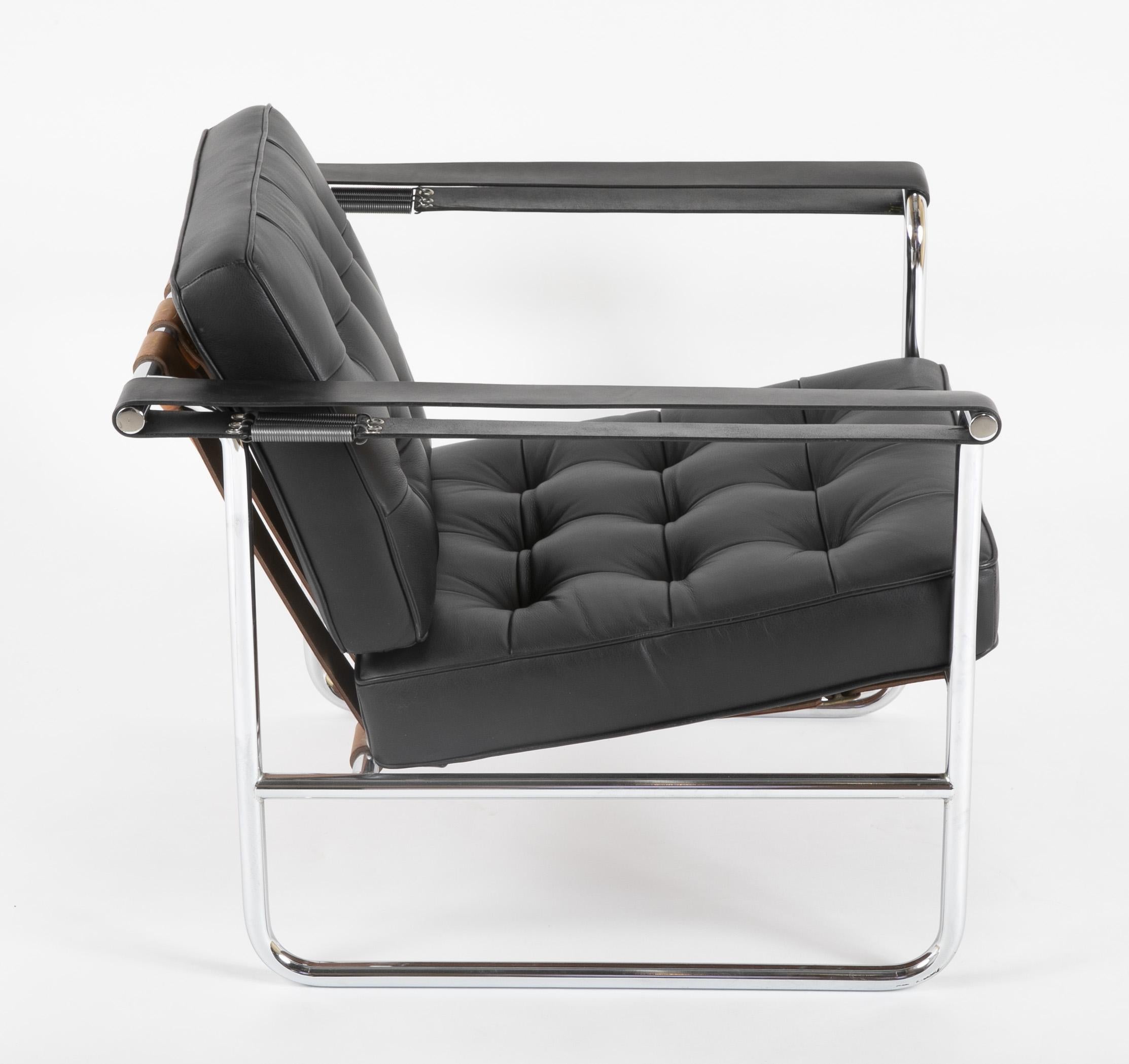 Mid-Century Modern Hans Eichenberger for De Sede, HE 113 Black Leather Chair with Cognac Straps