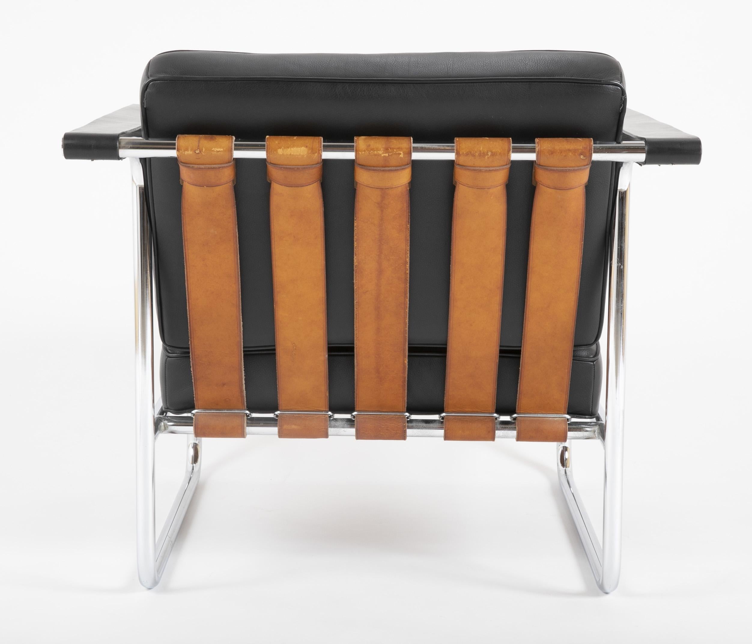Chrome Hans Eichenberger for De Sede, HE 113 Black Leather Chair with Cognac Straps