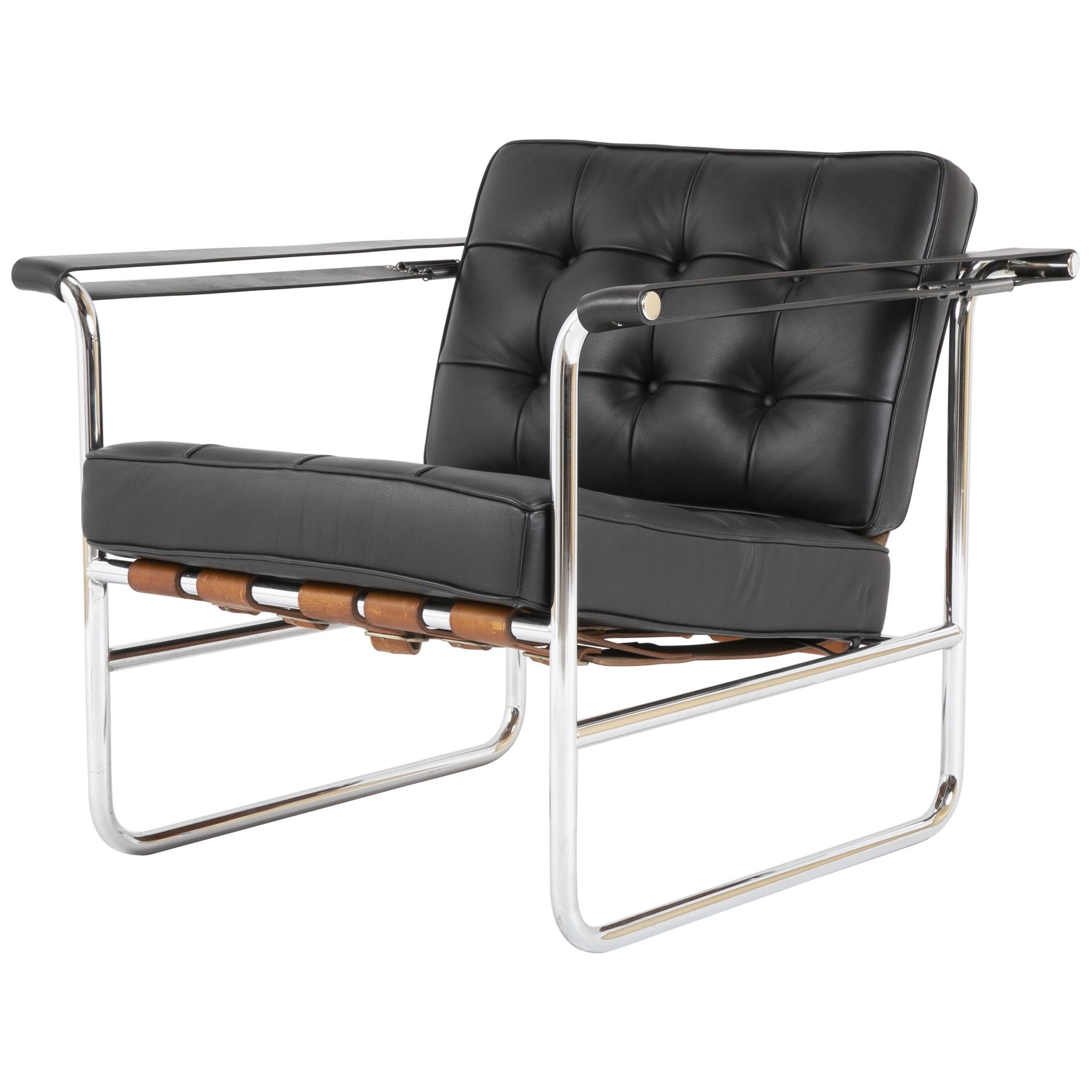 Hans Eichenberger for De Sede, HE 113 Black Leather Chair with Cognac Straps