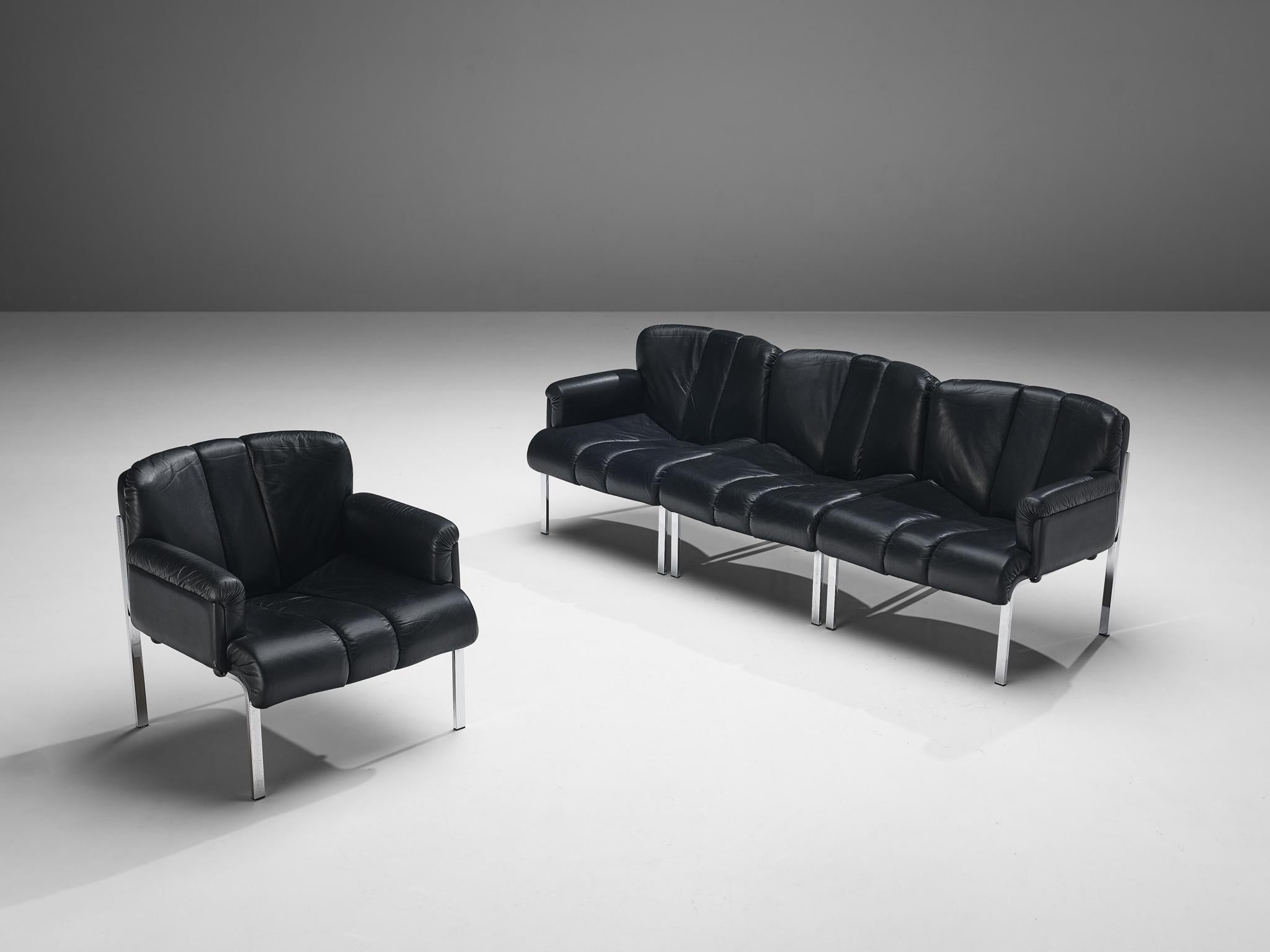 Steel Hans Eichenberger for Girsberger Modular Sofa in Black Leather For Sale