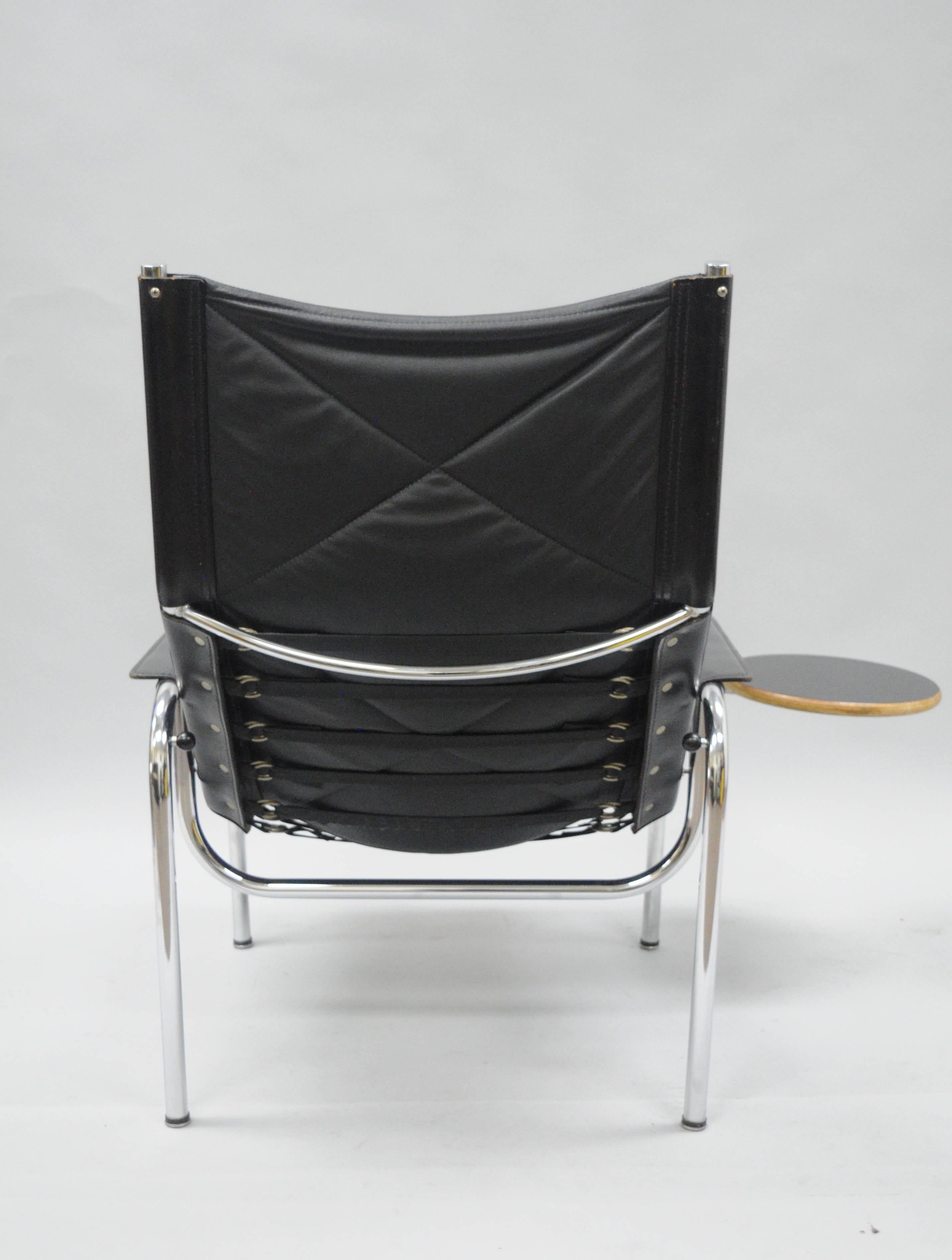 20th Century Hans Eichenberger for Strassle Chrome Reclining Leather Lounge Chair & End Table