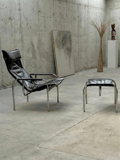 HANS EICHENBERGER FOR STRÄSSLE LOUNGE ARMCHAIR WITH STOOL LEATHER STEELTUBE, 60s