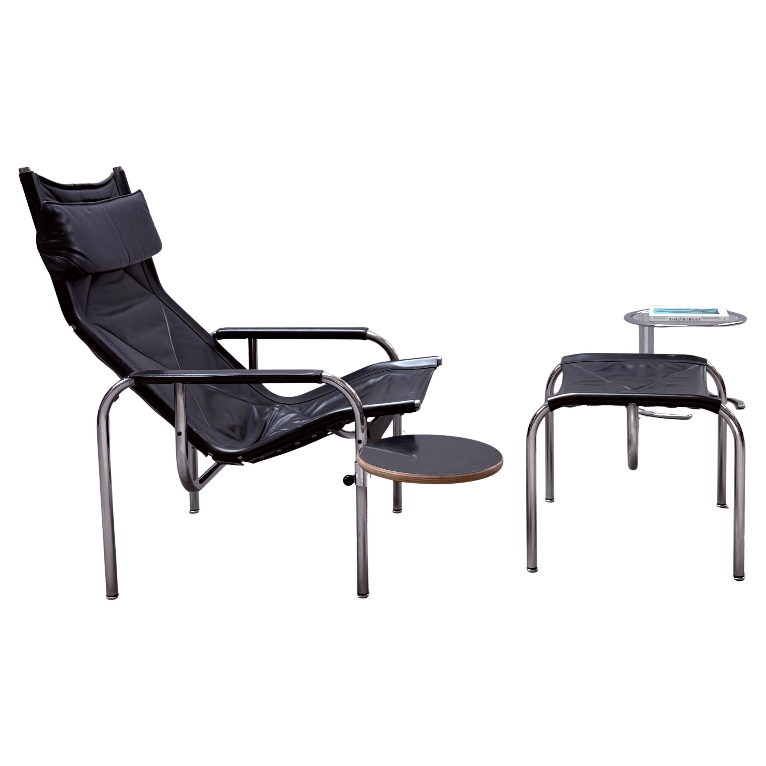 Hans Eichenberger Strässle Leder Chrom Lounge Sessel + Ottoman, Schweiz 1970er