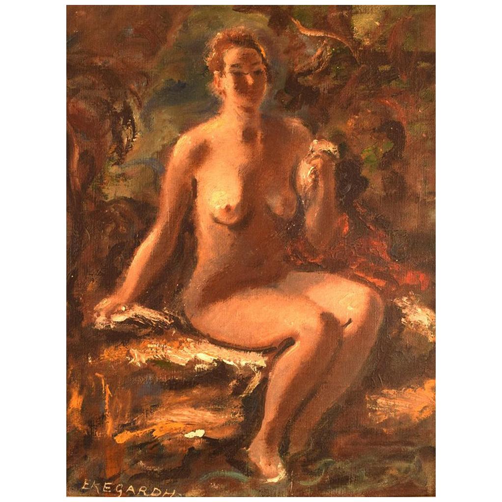 Hans Ekegardh, Swedish Artist, Oil on Canvas, Seated Nude Model For Sale