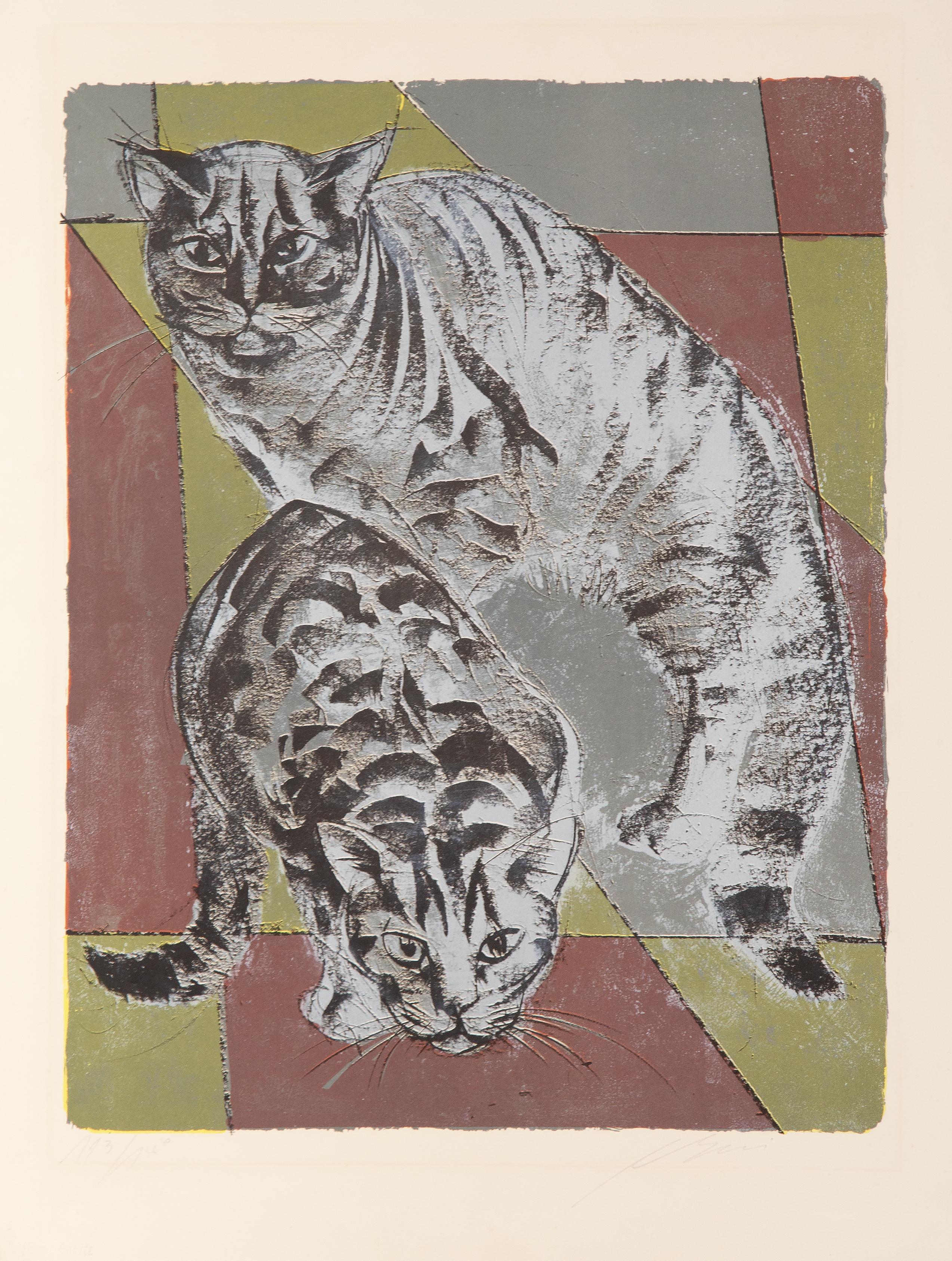 Les Chats
Hans Erni, Suisse (1909-2015)
Date : 1962
Lithographie, signée et numérotée au crayon
Edition de 3/385
Taille de l'image : 20.75 x 16 pouces
Taille : 25.5 x 19.75 in. (64.77 x 50.17 cm)