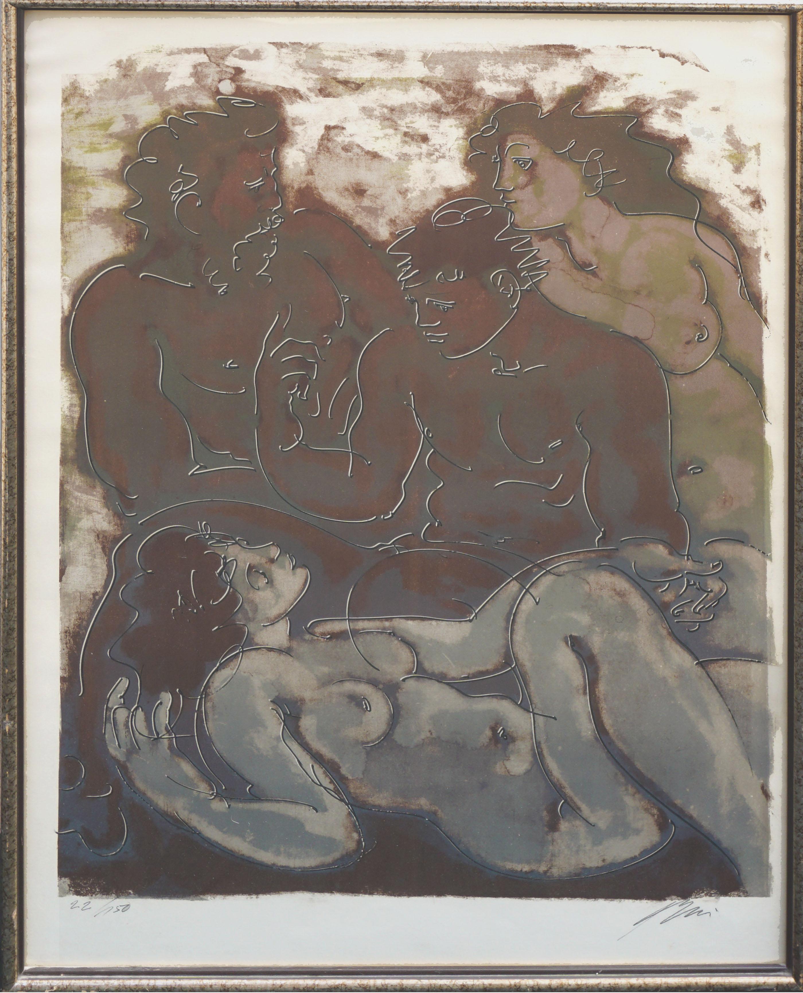 Hans Erni Nude Print - The Conversation, Greek Myth Figurative Lithograph 