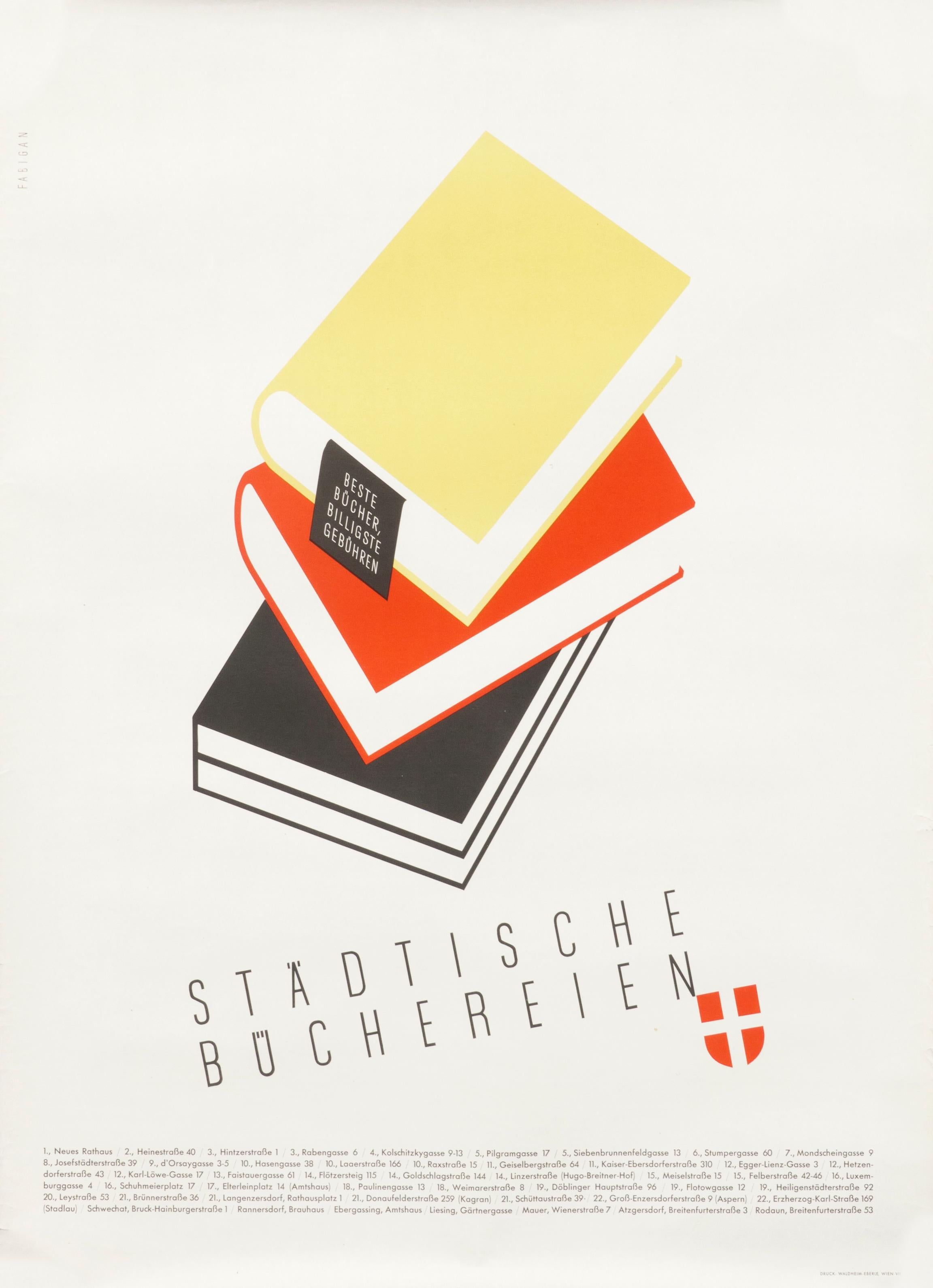 Hans Fabigan Figurative Print - "Stadtische Buchereien" Austrian Municipal Library Original Vintage Poster