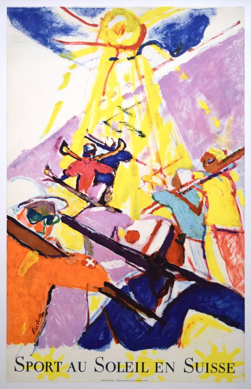 Hans Falk (1918-2002)
Sport au Soleil en Suisse 
Affiche vintage originale - lithographie (1957)
40x25"
Signé dans l'assiette, et montrant un cortège de skieurs aux couleurs vives se dirigeant vers la montagne en direction du soleil.

Falk était un