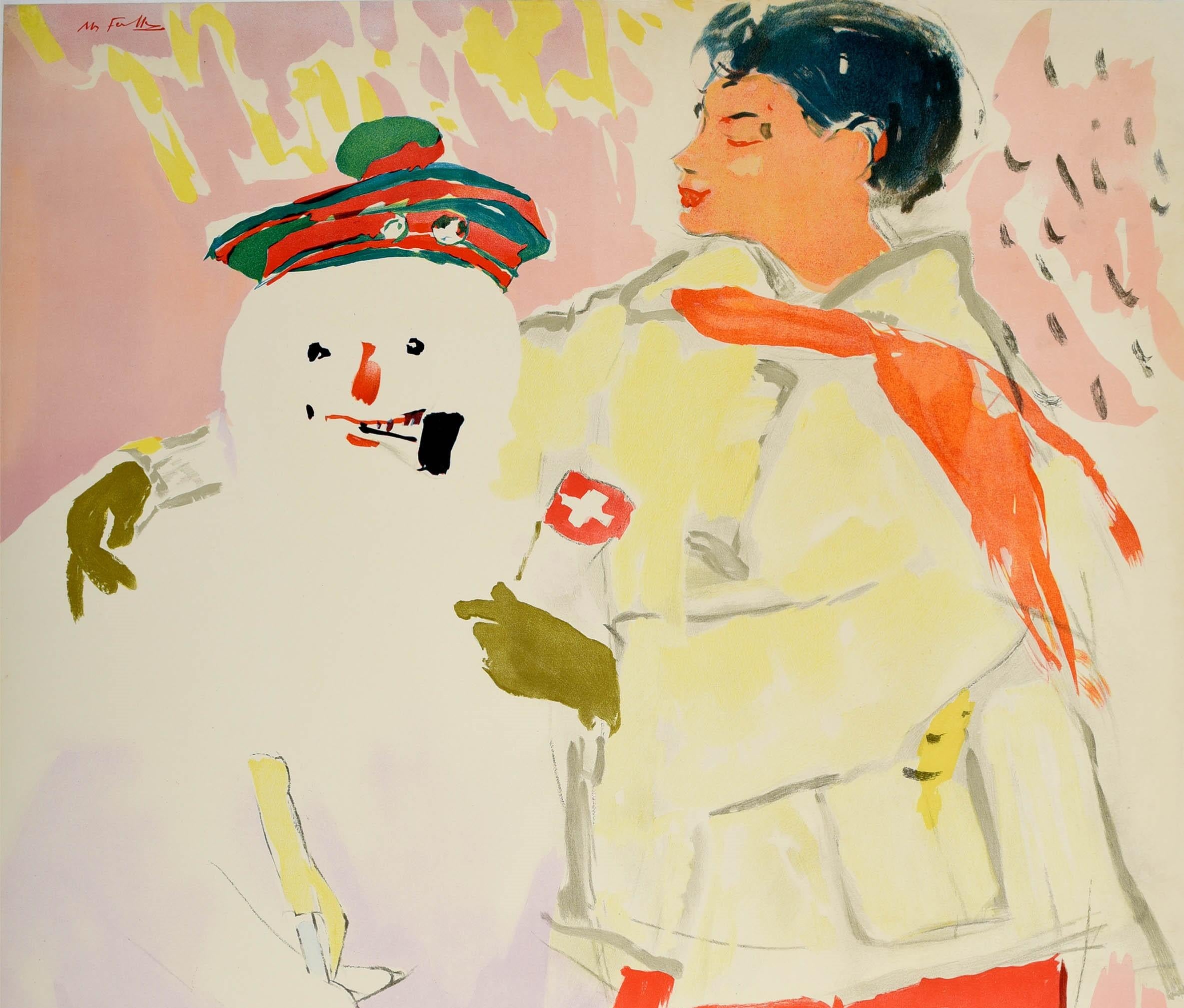 Original Vintage Poster Oberland Bernois After Skiing Pleasure Winter Snowman - Print by Hans Falk
