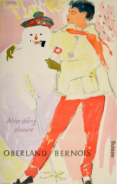 Original Vintage Poster Oberland Bernois After Skiing Pleasure Winter Snowman