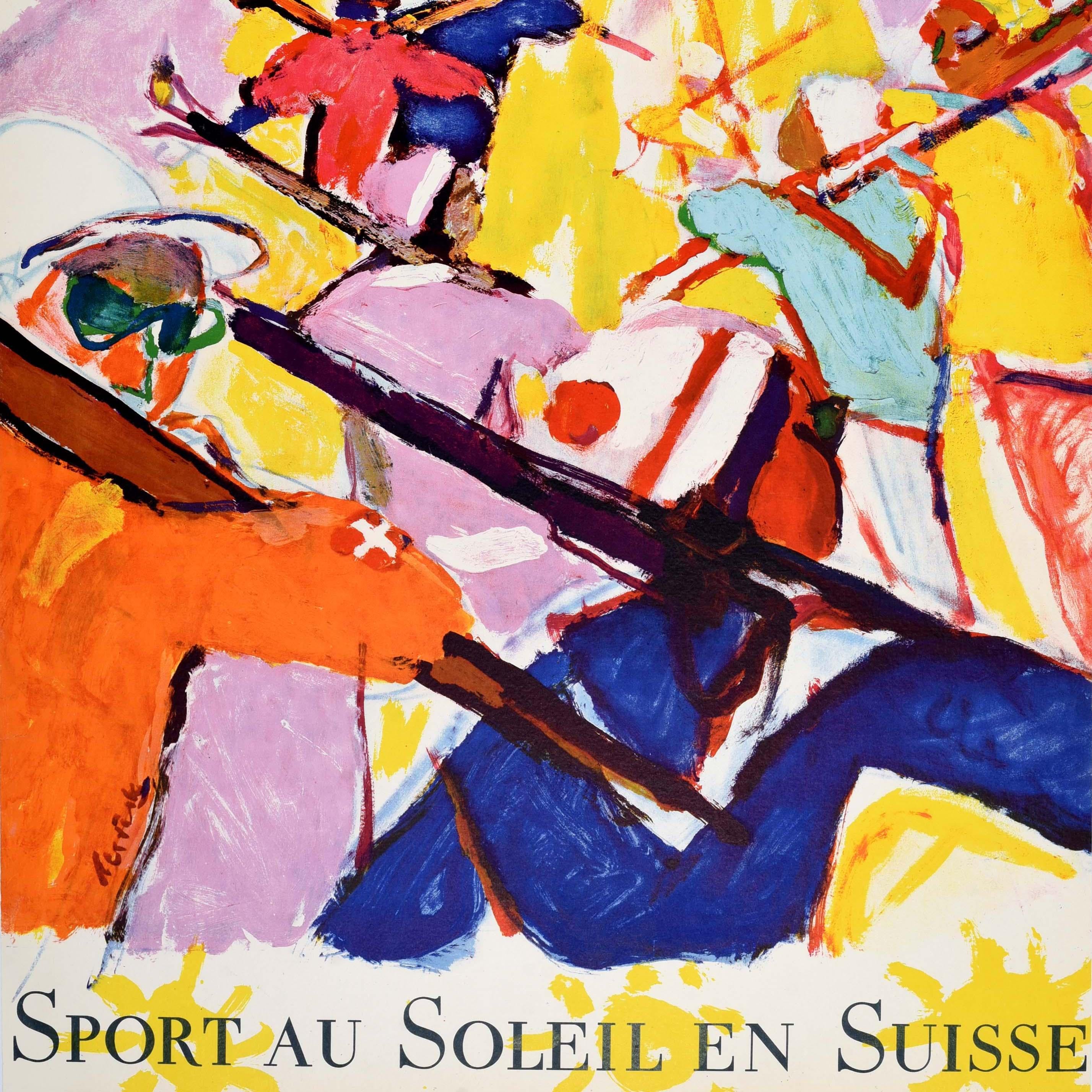 Original Vintage Poster Winter Sport Sun Ski Switzerland Hans Falk Midcentury For Sale 3